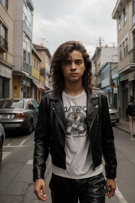 Cria uma imagem de um cara dos anos 80 perdido no ano de 2024. He is walking down the street confused by the evolution of the city, see people using modern objects, carros modernos e etc. This character has long, messy hair and wears a black leather jacket.