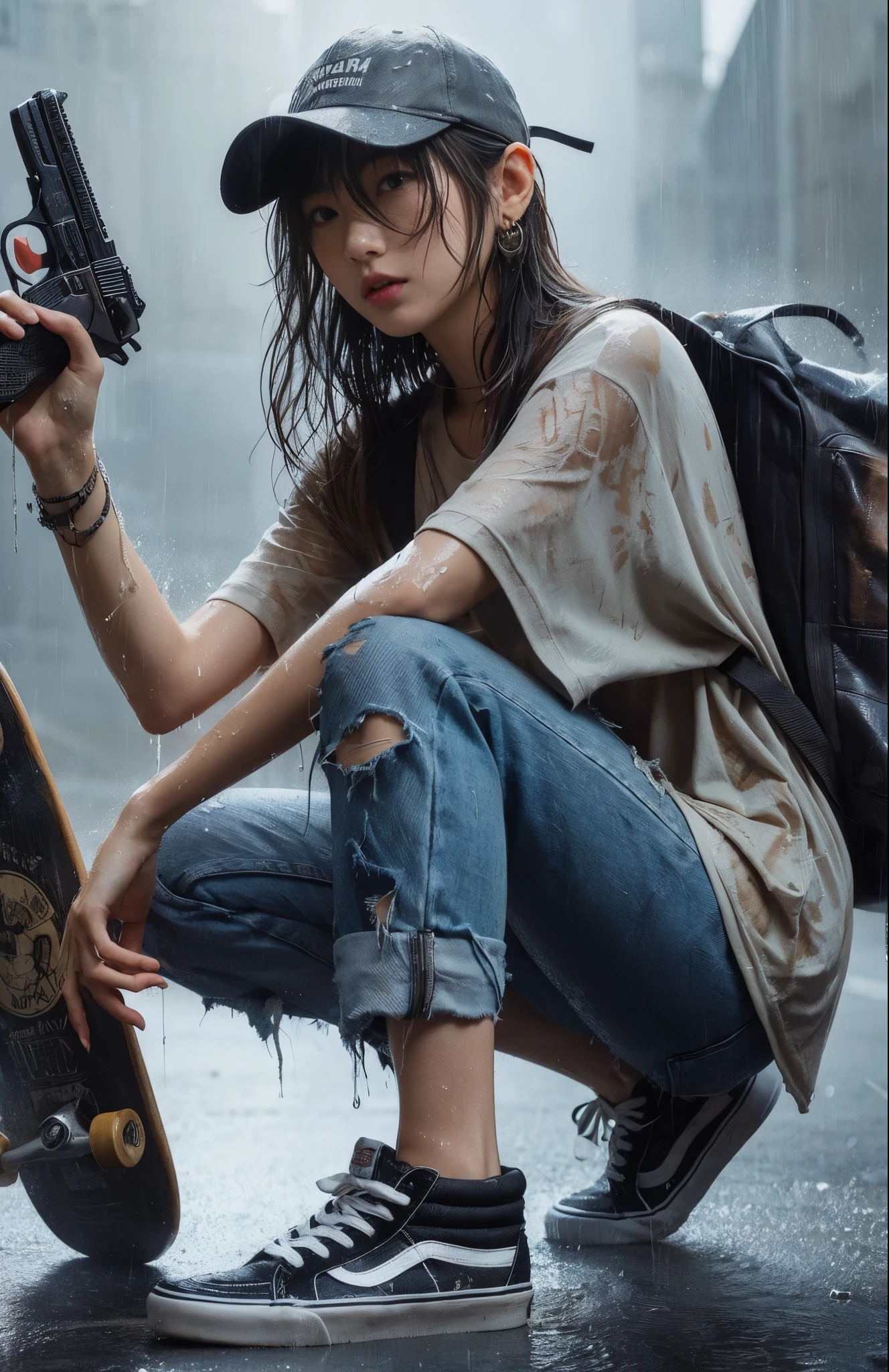 ８K,realistic photo、realistic skin texture、A beautiful Japanese woman living in America＆He turns around holding a Wesson M442 compact revolver.、Dirty and torn oversizedＴshirt、baseball cap、Dirty high-top Vans sneakers、Holding a skateboard in one hand、It's raining and your clothes are wet、A town in chaos、face、moving action pose、cool composition、