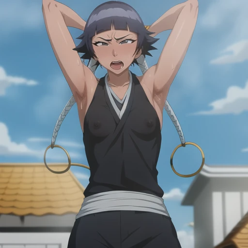 ( Animation screenshots:1.1),outdoor, Nipples exposed, 1 woman, alone, black hair, side breasts,eternal, short hair with long locks, japanese clothing, - Hip vents, no underwear,short hair, small breasts, (white eyes:1.1),No eyeballs, Also available in black, no headgear,low double braids,facing the audience, looking at the audience, tired, from below, (露armpit:1.1), ((armpit:1.2)), Sexy, Sweat dripping, More and more sweat,(ahegao), (Roll your eyes), naughty face, blush, open mouth, Sticking out tongue, saliva, Slobber,Runny nose,skinny, raise arms, (arms above head:1.5)