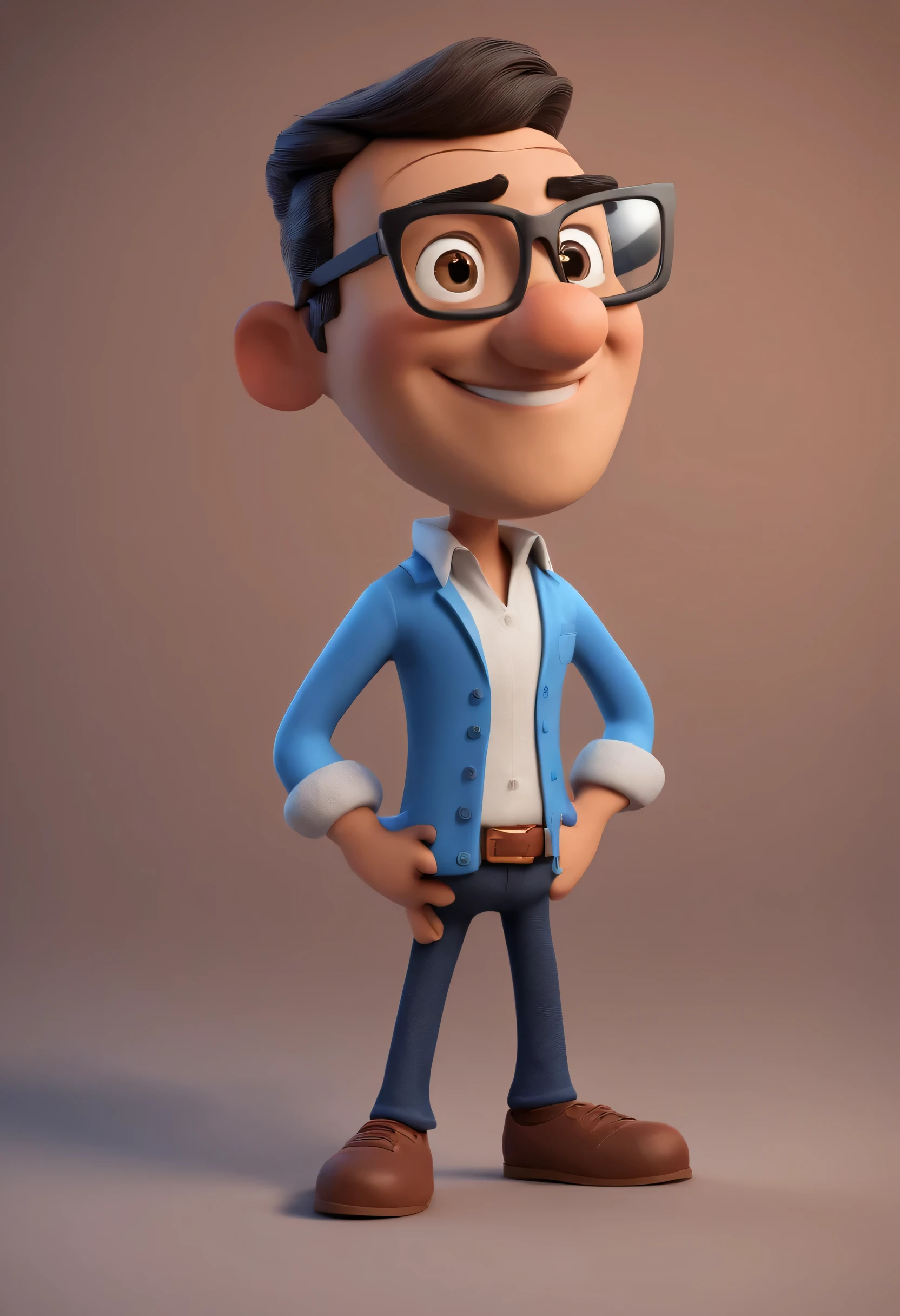 Cartoon character of a man with black glasses and a blue shirt, animation character, Caractere estilizado, animation style rendering, 3D estilizado, Arnold Maya render, 3 d render stylized, toon render keyshot, Personagem 3D, Personagem 3D, 3d rendering stylized, 3 d character render, personagem de desenho animado, Personagem de close up, Pose de personagem, (Estilo Pixar) (master part:1.2) (Bokeh) (best quality) (pele detalhada) (textura detalhada) (8k) (argila) (Cinematic lighting) (sharp focus