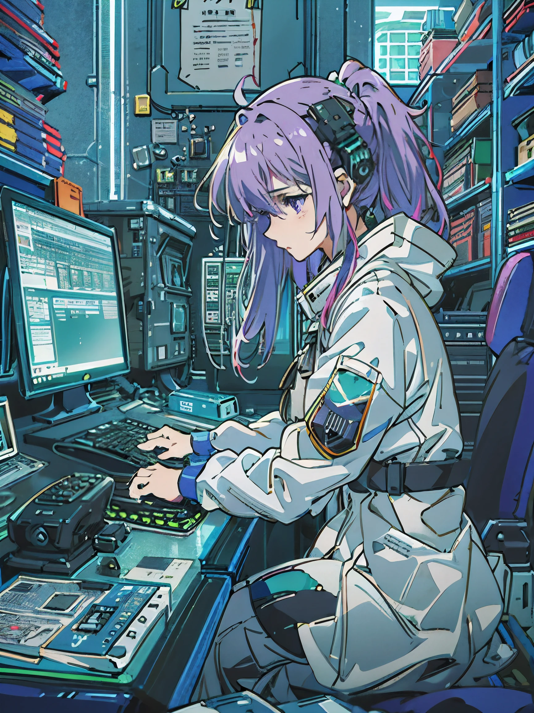(masterpiece,best quality,ultra-detailed), anime, award winning, ccurate, UHD, textured skin, chromatic aberration, Fujicolor, 1 hacker girl typing commands with a keyboard in a computer room, 10 years old, green halfback hair, purple eyes, wearing white laboratory coat, cyber punk