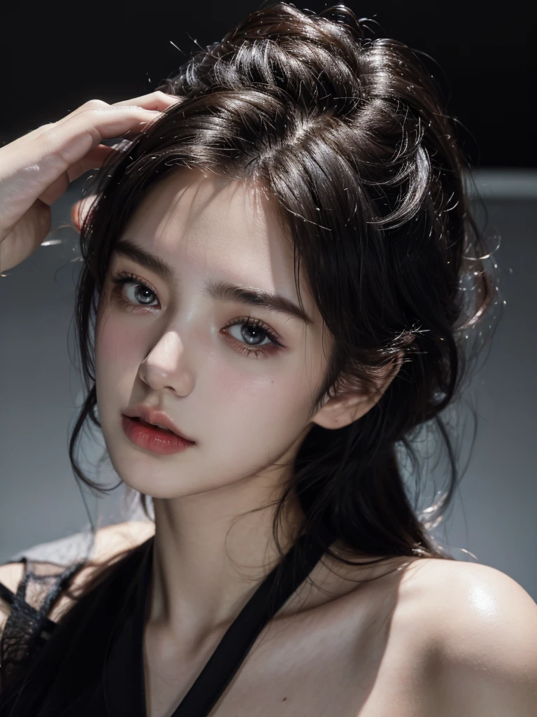 ( masterpiece, top quality, best quality,8k,17 years old girl,ultra detailed,raw photo:1.5),(photorealistic:1.4), (black hair:1.5), (cinematic lighting), PerfectNwsjMajic, , Surrealism, UHD, ccurate, Super detail, textured skin, High detail, Best quality, dynamic angle, White skin,[Beautiful blue eyes], high nose,(1girl),((good anatomy,muted tones:0.5)),idol kpop,Stage 