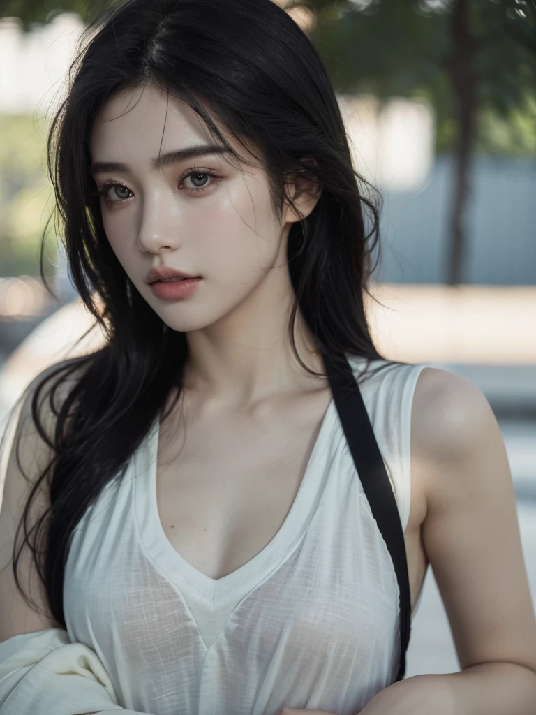 ( masterpiece, top quality, best quality,8k, girl,ultra detailed,raw photo:1.5),(photorealistic:1.4), (black hair:1.5), (cinematic lighting), PerfectNwsjMajic, , Surrealism, UHD, ccurate, Super detail, textured skin, High detail, Best quality, dynamic angle, White skin,[Beautiful blue eyes], high nose,(1girl),((good anatomy,muted tones:0.5)),idol kpop,Stage 