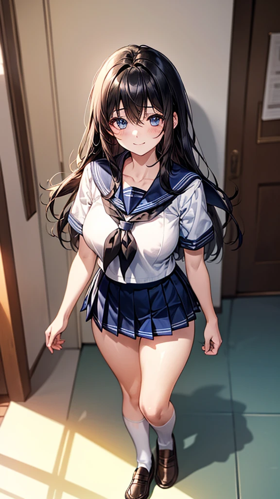 (((perfect anatomy, anatomically correct, Super fine skin))), 1 girl, Japanese, high school girls, from the front, shiny skin, looking at the audience, 
Detailed hair, Detailed face, delicate eyes, (long hair:1.5, black hair:1.7), Bangs, hair between eyes, light brown hair, blue eyes, baby face, mole under the eye, lip gloss, 
Beautiful collarbone, Beautiful body, beautiful , Big breasts:0.5, Beautiful thighs, beautiful legs, camel toe, 
((Detailed cloth texture, short sleeves, Cute dark blue sailor suit, Dark blue pleated skirt, Dark blue sailor collar, red sailor scarf, white socks, brown loafers)), white man&#39;s thighs, 
(Beautiful scenery), summer, school corridor, Smile, walk, 
(8K, top quality, masterpiece​:1.2, Very detailed), (actual, photoactual:1.4), Beautiful illustration, natural lighting,