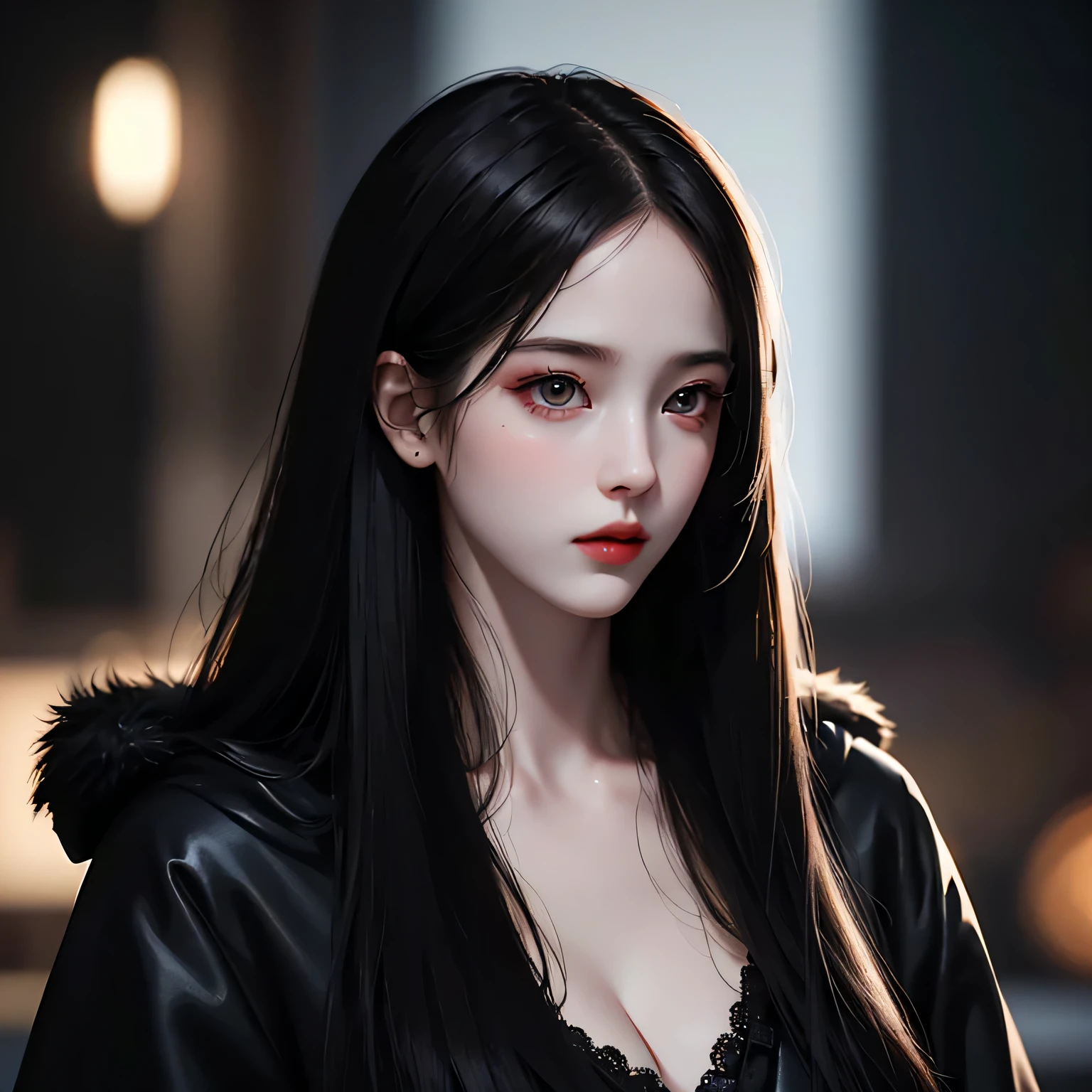 Beautiful girl with realistic black eyes, pale skin, medium length black hair, perfect face, perfect eyes, wearing a coat, very detailed, comprehensive movie, digital painting, 8K, cinematic lighting, highest quality, High resolution, Fine work, Post-processing, perfect result, surreal，(((revealing clothes)))，big breasts