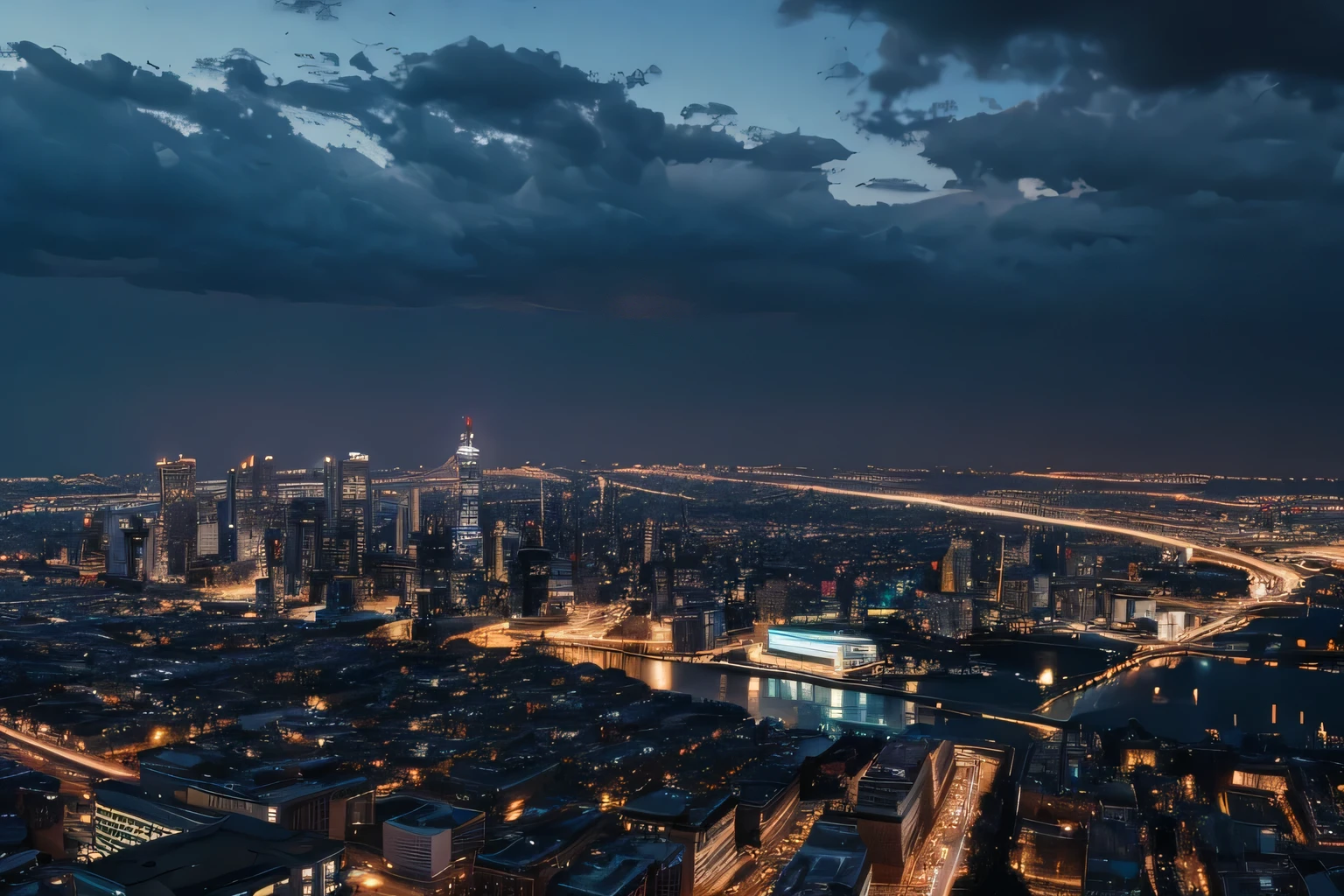 raini night in the city fly view