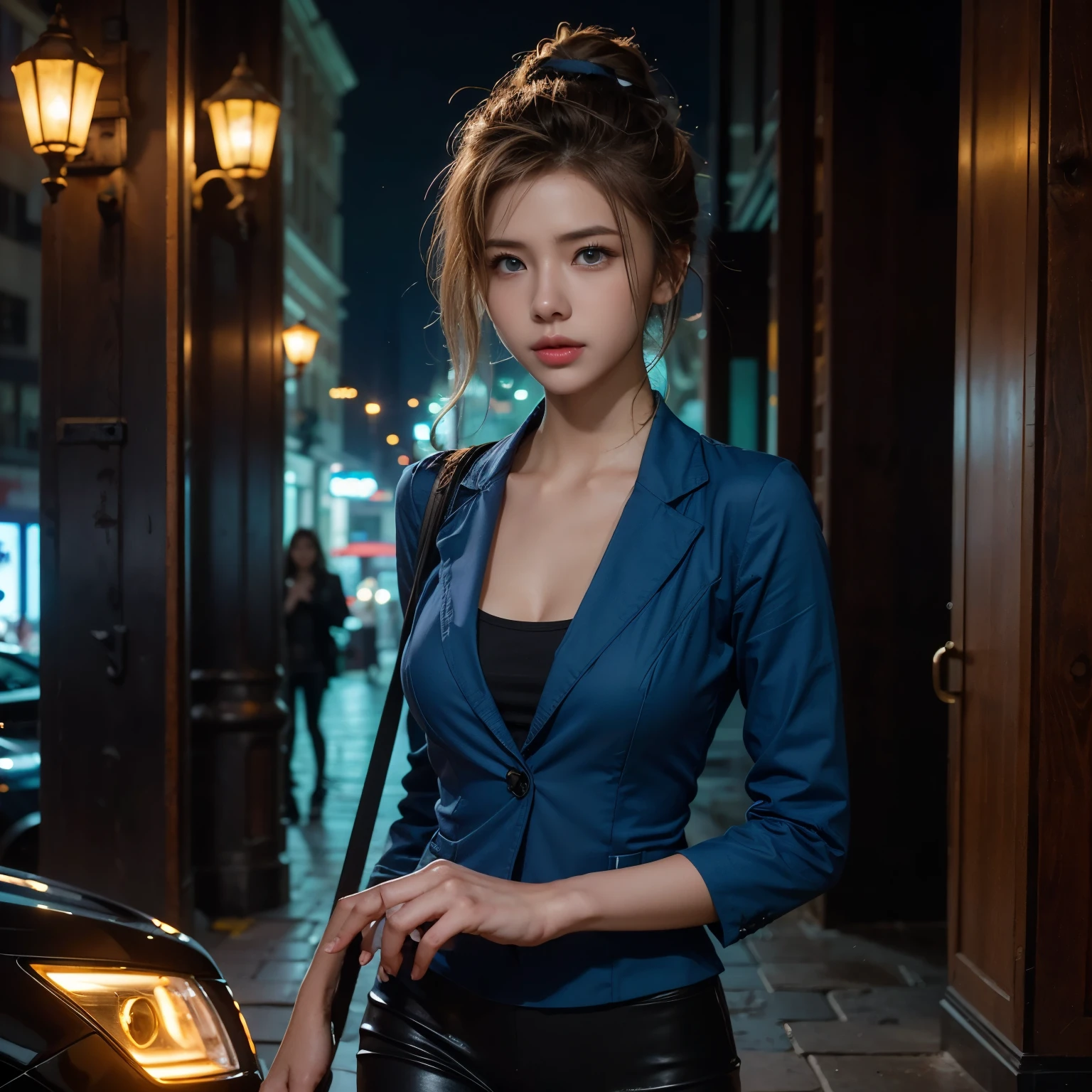 A young and beautiful female treasure hunter、A sci-fi adventure where you discover hidden gems in a technologically advanced world。 (best quality、Super detailed)、The background is a vibrant, futuristic cityscape.、It depicts glittering skyscrapers stretching into the sky and cars flying through the air.。 The main character is、Featuring high-tech gadgets and accessories such as holographic wristbands and advanced visors.、In a sleek, fitted suit、Standing tall and confident。 Her eyes sparkle with determination and curiosity.、Her lips are in a mischievous smile, expressing her adventurous spirit.。 she、Searching for ancient relics and priceless treasures、Wander through a maze of underground facilities lit by a magical blue glow。 The scene is colored in a cool-toned color palette.、Neon blue and vibrant purple hues accentuate the futuristic feel.。 Lighting casts dramatic shadows、Creates an aura of mystery and intrigue。 The artwork is、From the intricate patterns on the protagonist's suit to the light reflections on the polished surfaces of the city、Attention to every detail、Depicts a photorealistic style。 The overall composition creates an atmosphere of excitement and expectation.、This sci-fi film invites viewers into the thrilling adventures of a fearless young treasure hunter.