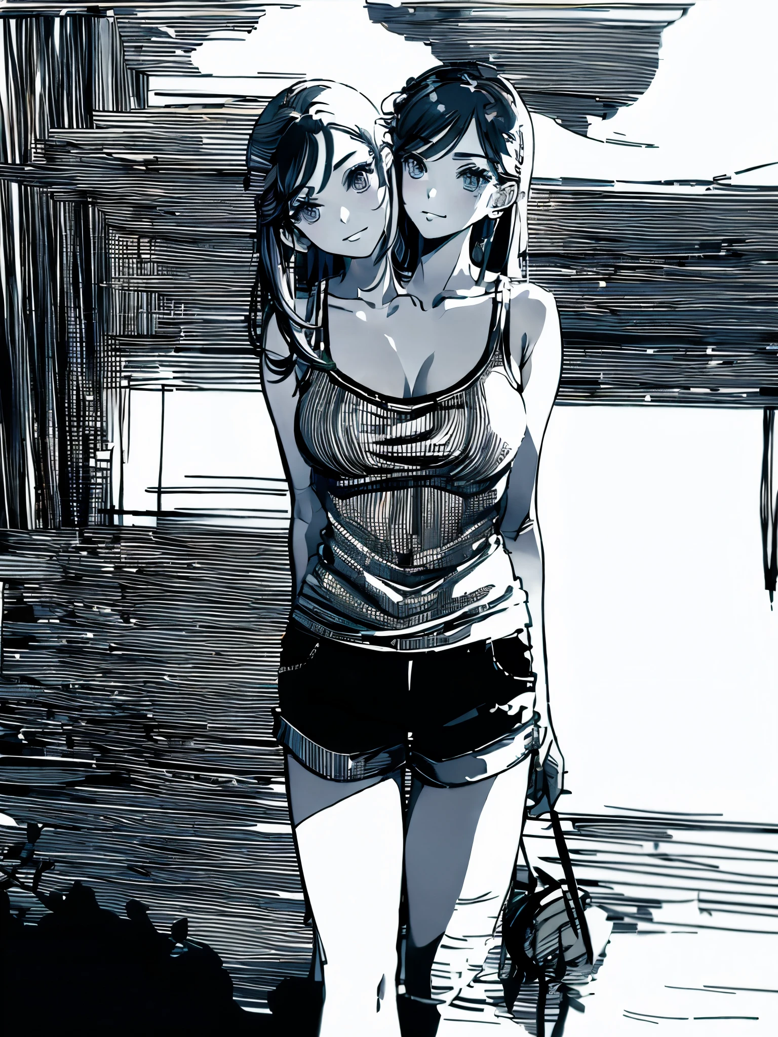 (masterpiece, best quality), best resolution, (2heads:1.5), 1girl, casual pose, tank top and shorts, line art, cowboy shot