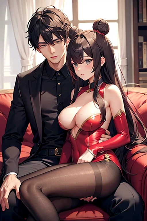 A woman with long hair tied in pink buns on both sides wearing a seductive cat outfit sits on the lap of a handsome 19 year old man wearing a red suit with a black head.
