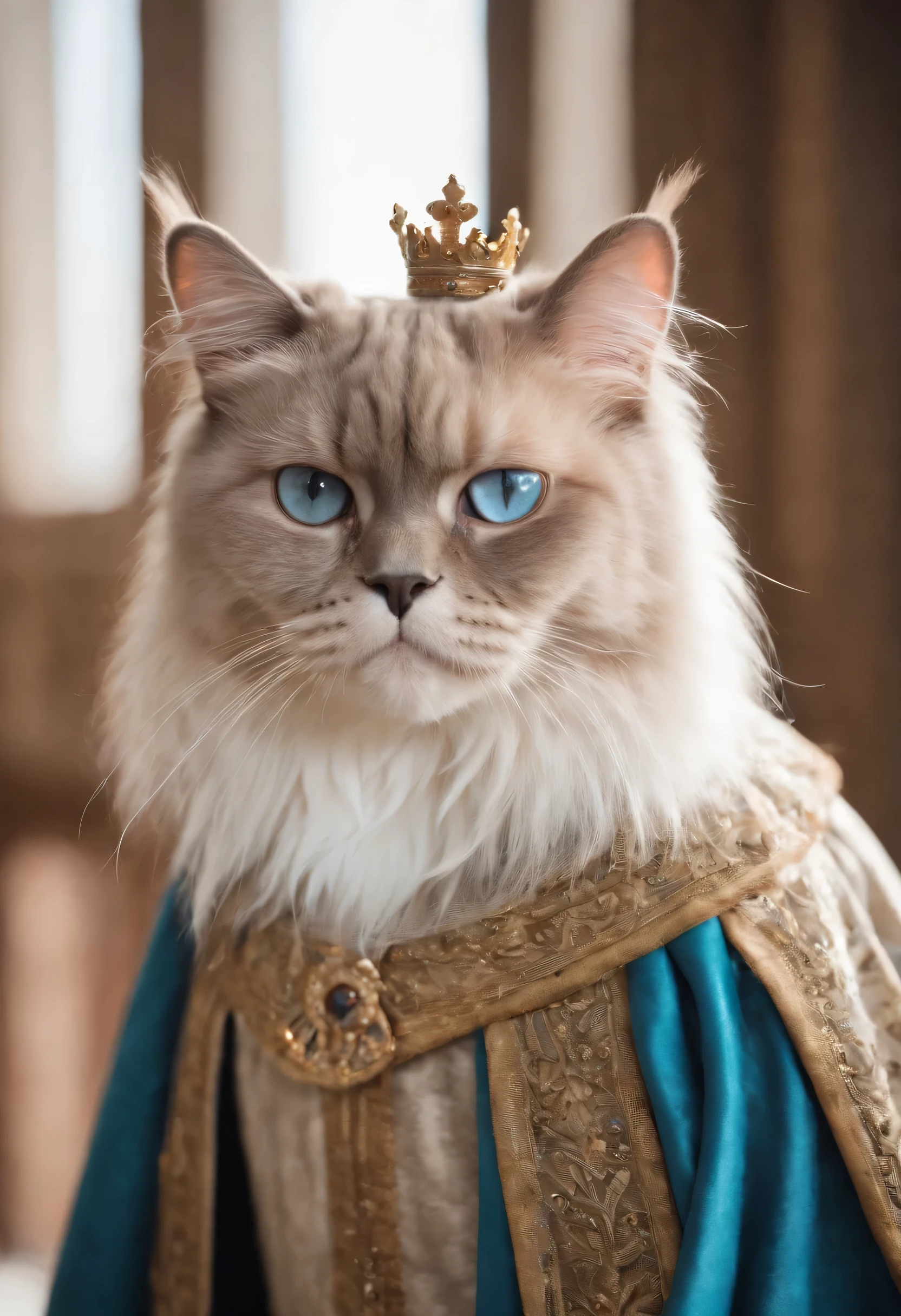 Persian cat blue eyes with crown and king's robe., Gatos con ropa noble., retrato real, retrato de un viejo rey medieval, retrato de un viejo rey medieval, Retrato de un rey, gato elegante, viejo rey medieval, gato antropomorfo, gato antropomorfo, estilo crudo, cinematic light