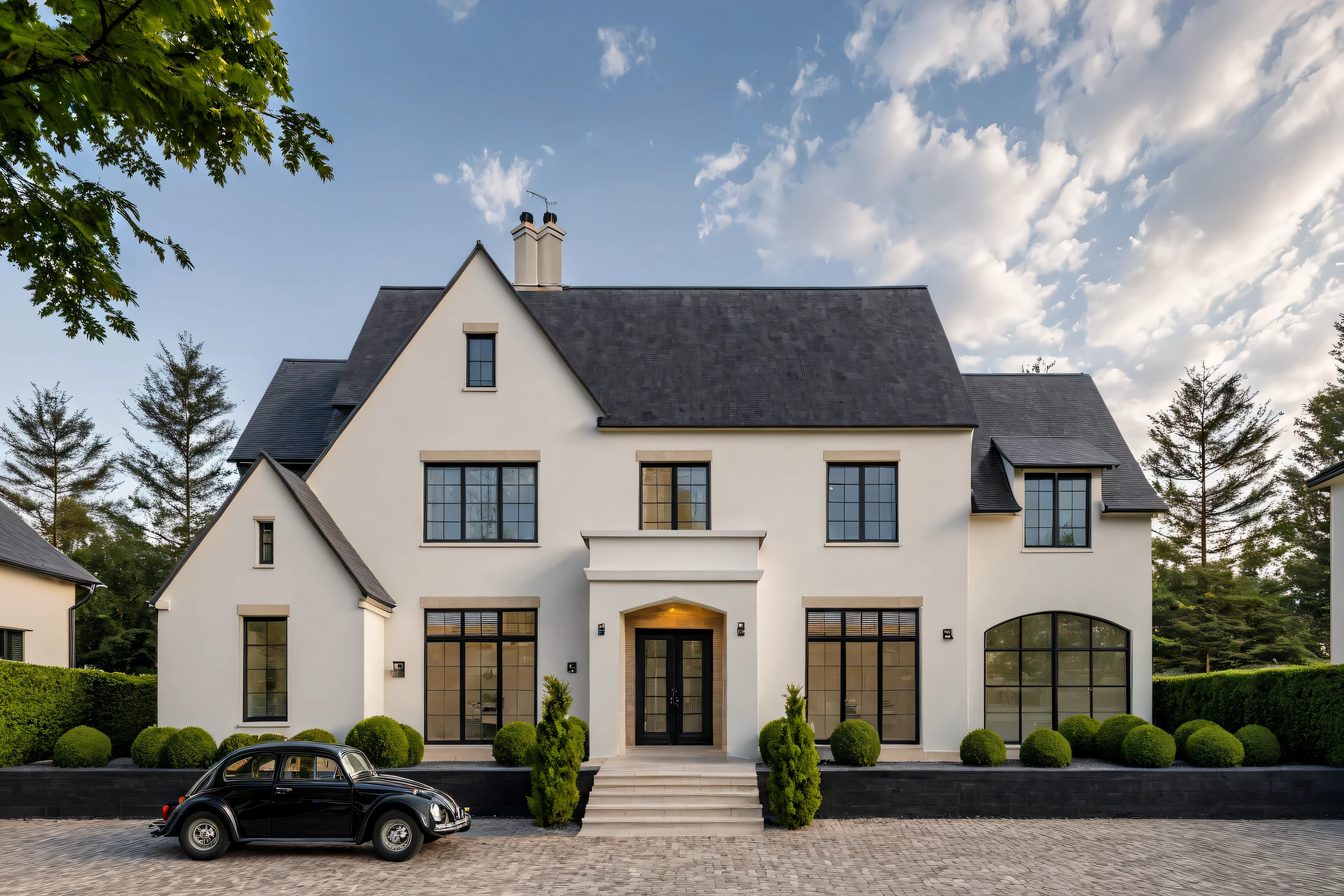 Masterpiece, high quality, best quality, authentic, super detail, outdoors, onestoreyvillaXL, aiaigroup, house style modern on the street ,stairs, white wall ,road,pavement, grass, trees, sky, cloud, (daylight:1.1)