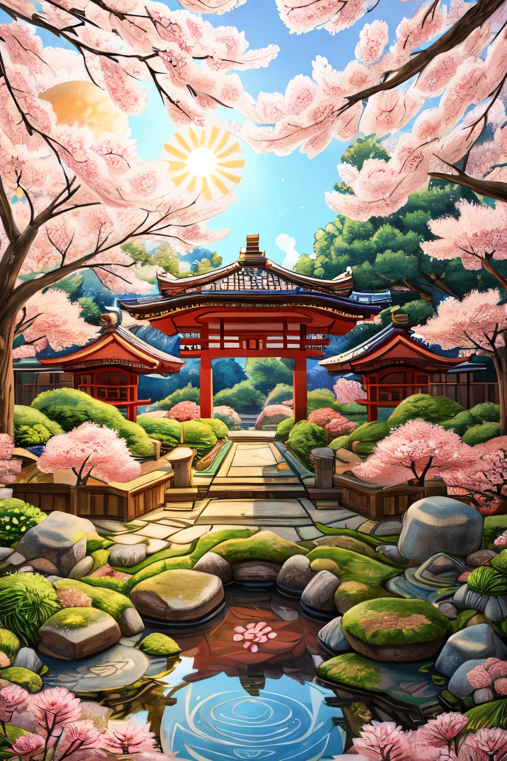 ((Best quality)), ((masterpiece)), (detailed), Japanese Courtyard, circular engraving, quilling style, Sakura blossoms, Japanese design, Japanese style garden, engraving, Sun, bridge in the yard, mandala