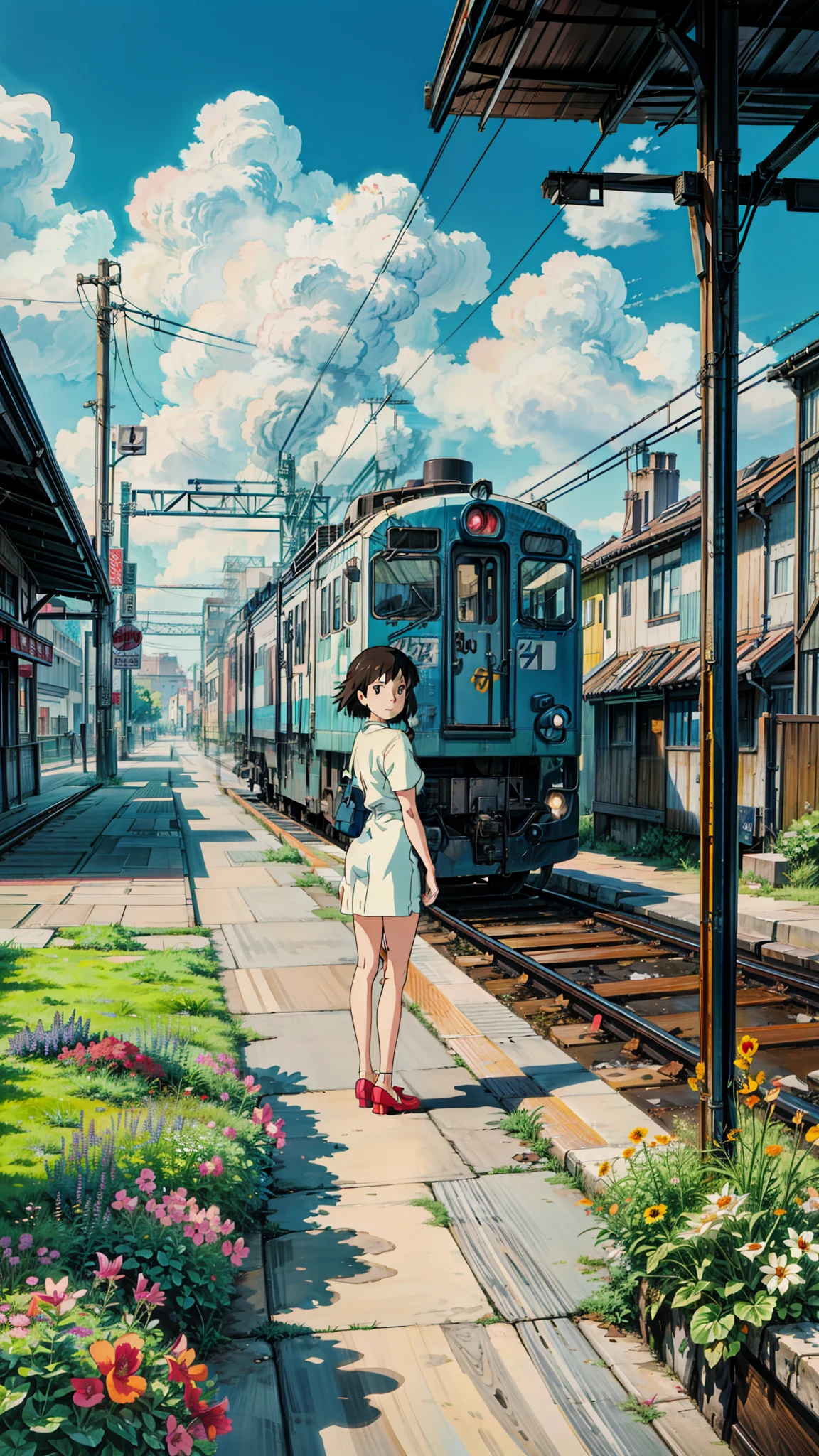 Painting of a woman standing on a train platform next to a train, makoto shinkai art style, anime. by makoto shinkai, style of makoto shinkai, hd anime cityscape, studio glibly makoto shinkai, anime movie background, anime scenery, colorful anime movie background, anime landscape, cgsociety 9, anime background art, beautiful anime art style,  4k hd,, beautiful art uhd 4 k, a beautiful artwork illustration, beautiful digital painting, highly detailed digital painting, beautiful digital artwork, detailed painting 4 k, very detailed digital painting, rich picturesque colors, gorgeous digital painting