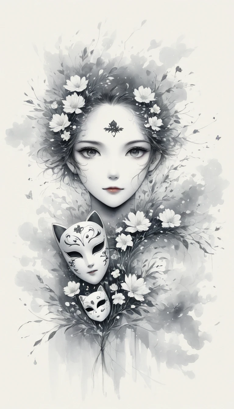 (Anime line drawing:1.5)，(black and white painting:1.45)，Minimalism，(line art:1.6)，sketch，Charcoal drawing，mask，flower,Illustration in surreal art style，surreal dream，Dubrec style,(multiple exposure：1.8),Dreams of happiness，