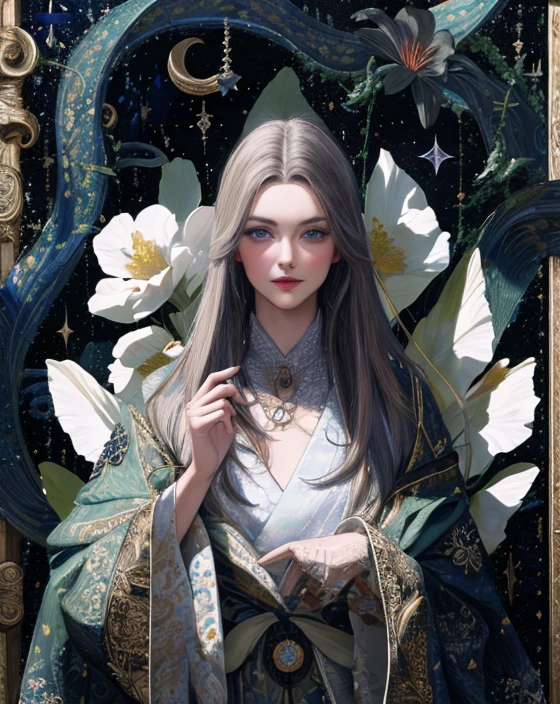 (best quality, highres, realistic:1.37), detailed portrait, girl in a garden, beautiful detailed eyes, beautiful detailed lips, long eyelashes, fashionable clothing, confident and elegant posture, unique catwalk style, starry night pattern on the jacket, vibrant colors, rich textures, soft and glowing lighting, runway atmosphere