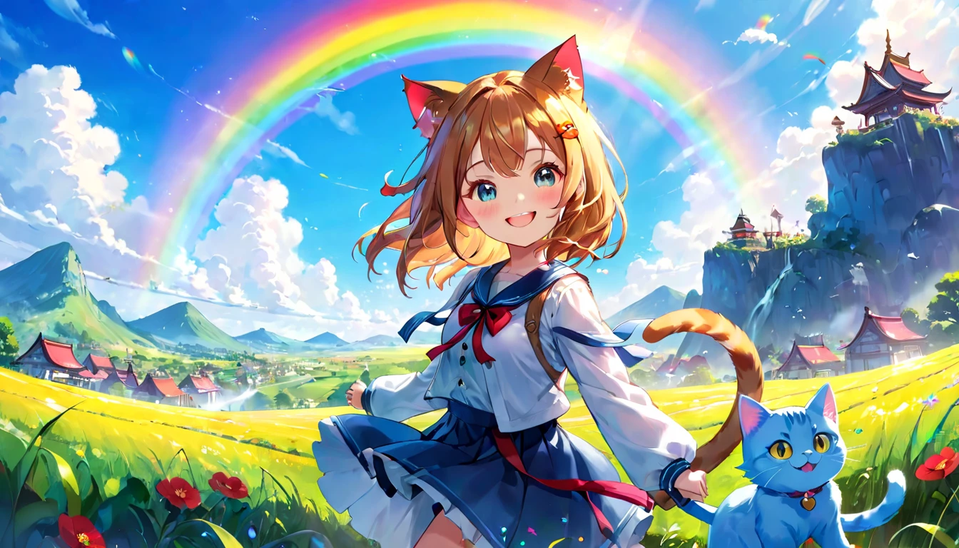 The girl who fights the demon king、Brave Girl、Cat ear、Light and rainbow landscape、blue sky、A girl with a cheerful smile