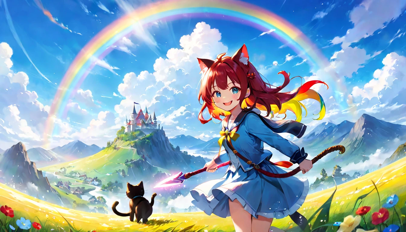The girl who fights the demon king、Brave Girl、Cat ear、Light and rainbow landscape、blue sky、A girl with a cheerful smile