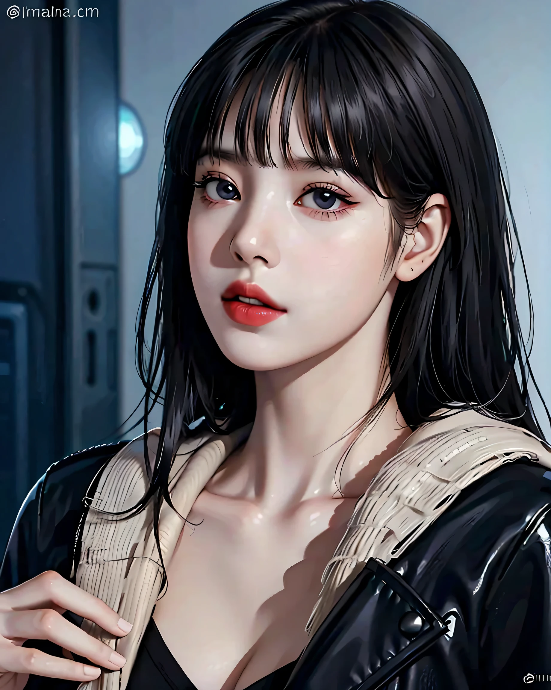 Beautiful girl with realistic black eyes, pale skin, medium length black hair, perfect face, perfect eyes, wearing a coat, very detailed, comprehensive movie, digital painting, 8K, cinematic lighting, highest quality, High resolution, Fine work, Post-processing, perfect result, surreal，big chest