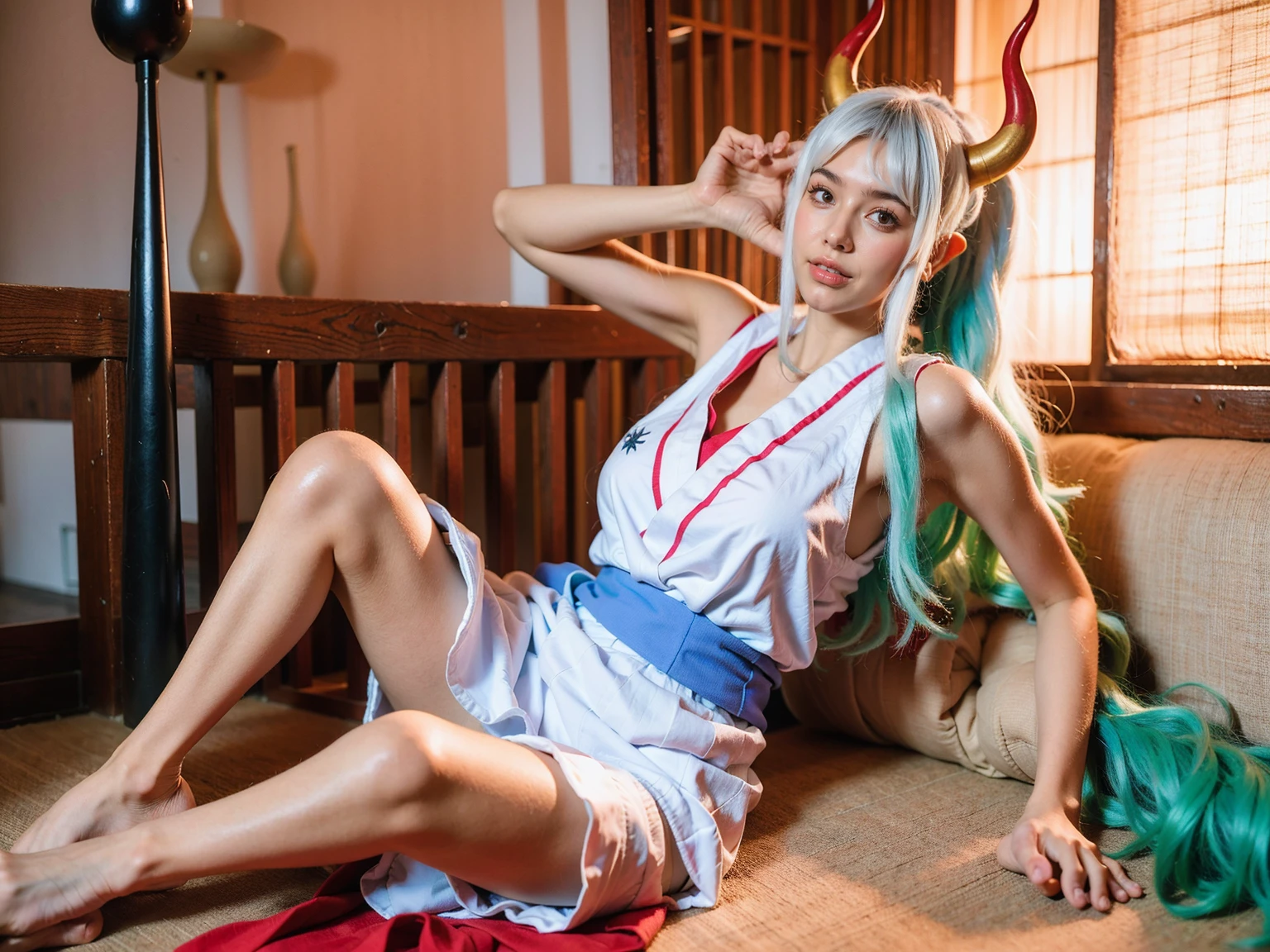 Yamato,1girl,solo,horns,yamato \(one piece\),japanese clothes,sitting,armpits,curled horns,long hair,breasts,sideboob,rope,multicolored hair,white hair,kimono,red horns,sleeveless kimono,indoors,sleeveless,green hair,feet,barefoot,hakama pants,oni,geta,hair ornament,pants,two-tone hair,very long hair,hakama skirt,bare arms,
best quality,masterpiece,illustration,an extremely delicate and beautiful,CG,unity,8k wallpaper,Amazing,finely detail,masterpiece,official art,extremely detailed CG unity 8k wallpaper,incredibly absurdres,huge filesize,ultra-detailed,highres,extremely detailed,beautiful detailed girl,realistic,