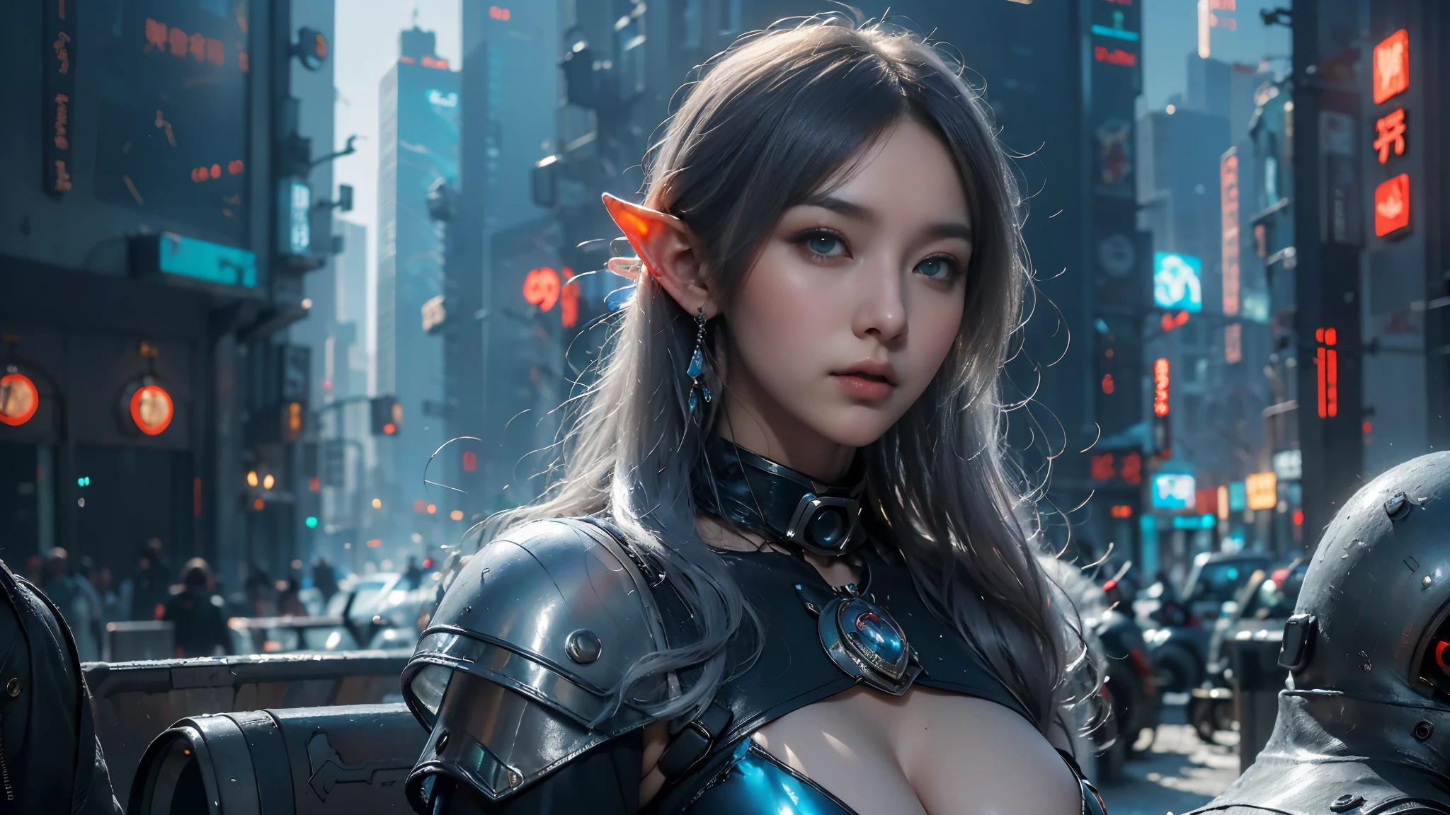 masterpiece,best quality,high resolution,8k,(portrait photo:1.5),(R Original Photo),real picture,digital photography,(Combination of cyberpunk and fantasy style),(female soldier),20 year old female elf,Random hairstyle,white hair，purple eyes，through bangs,(red eye breasts, Accessories,Keep your mouth shut,Elegant and charming,Serious and arrogant,Calm and handsome,(Cyberpunk combined with fantasy style clothing,hollow-carved design,big breasts，joint armor,photo poses,Realistic style,gray world background,oc render reflection texture，sentry，futuristic city，Medium distance photography