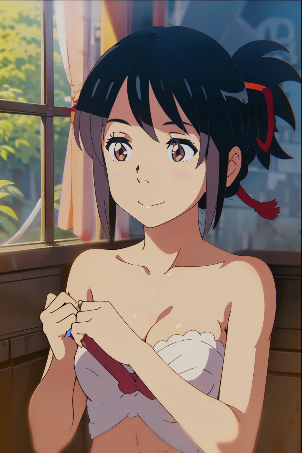 shinkai makoto, Kimi No Na Wa., 1 boy, Shaved head, , Boys are behind girls, Touching the chest, Rubbing breasts from behind, grab, grabbing chest,chestgrab behind back, Remove your bra, Hold the bra, Embrace, Embrace, Kiss on the neck, One girl, Black Hair, Waterfall knitting, Red ribbon, Long Hair, Brown eyes, blue star necklace, Light Cardigan Pink, Open shirt, Yellow shirt Open shift, belly button, cute, Open your mouth, whole body, Long sleeve, Cowboy Shot, masterpiece, On a date, Blushing, Bedroom, night, Sit on the bed , Shaved head,Topless,Nipples are erect,Armpit sweat,Shyness,clear,High exposure,Having my armpits licked,His arms are tied and he is hanging from a rope、A beautiful adult woman with long hair、Underhair grows