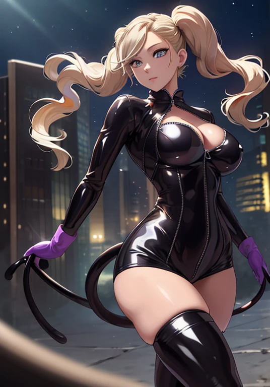 (masterpiece,best quality),((ultra detailed,extremely intricate,ultra high res,RAW,HDR,)),,inely detailed beautiful eyes, (photorealistic:1.2)city roof top, outside, night, 1girl, back to the viewer, viewed from behind, takamaki anne, natural breasts, huge breasts, huge ass, huge thighs, narrow waist, wide hips, thick thighs, curvy, (black clothes black skintight latex swimsuit with unzipped zippers ), cat ears, cat tail, blonde hair, twin tails, dreamlike, dreamy, floaty, modelshoot style, sexy slutty quality, Detailed skin texture, detailed cloth texture, stunning gradient colors,ray tracing, side lighting, Rim lighting,best shadow, perfect female body,perfect breasts,perfect hips,perfect anatomy,smooth midriff,skiny and thin, lustrous skin, glossy skin,slim legs,shiny sk