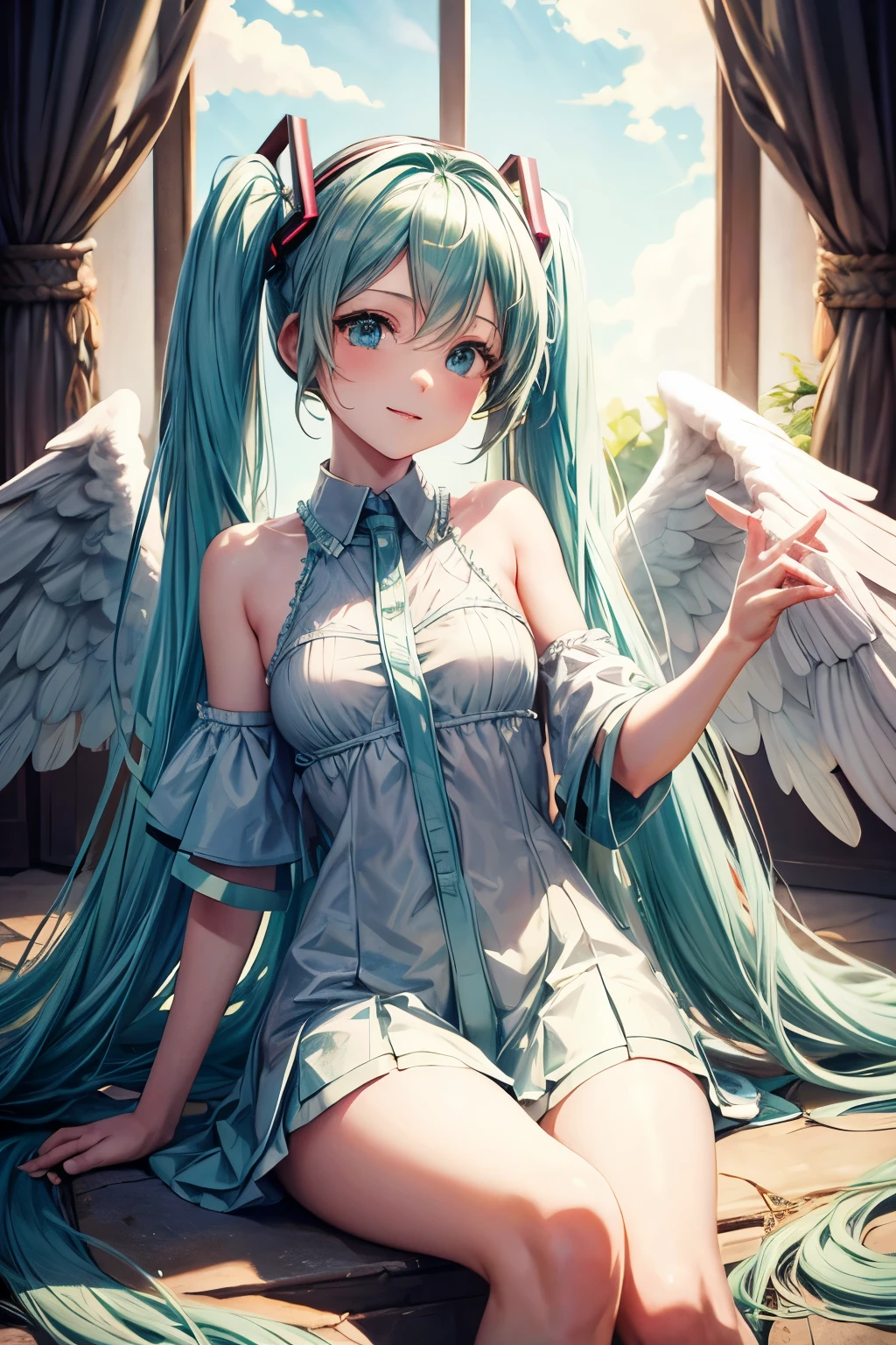 Hatsune Miku、Big angel wings、Angel Halo、Smiling、Looking this way、Wearing a sheer white dress