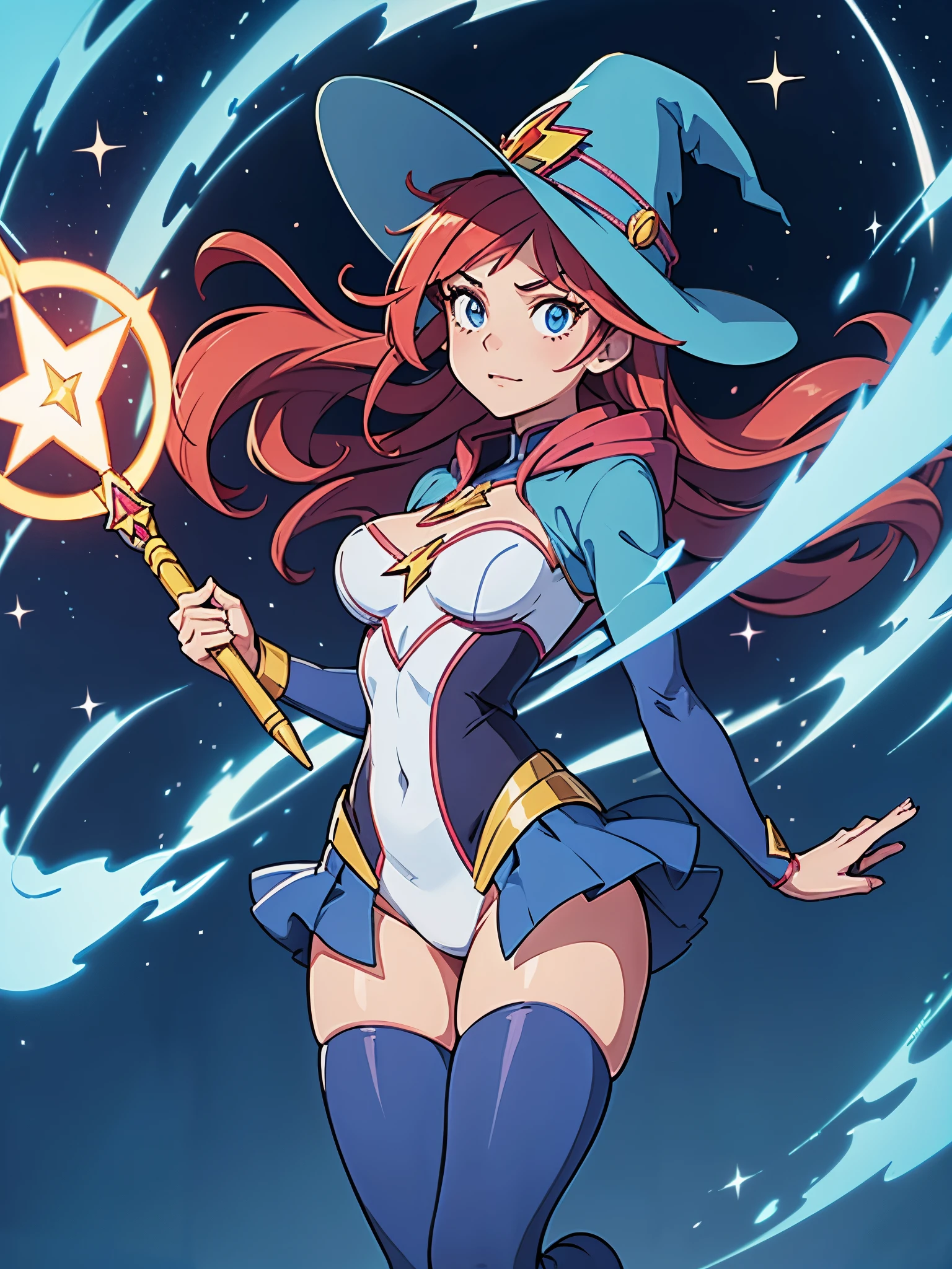a cartoon of a woman dressed in a superhero costume holding a wand, witch academia, superhero sorceress witch, glamorous angewoman digimon, sky witch, by Aguri Uchida, maya ali as a lightning mage, leotard, blue leotard with white accent, witch hat, red hair, long hair, blue eyes, beautiful detailed eyes, beautiful detailed face, cute face, medium breasts, age 16-18, solo, solo focus, wonder, concept art!!