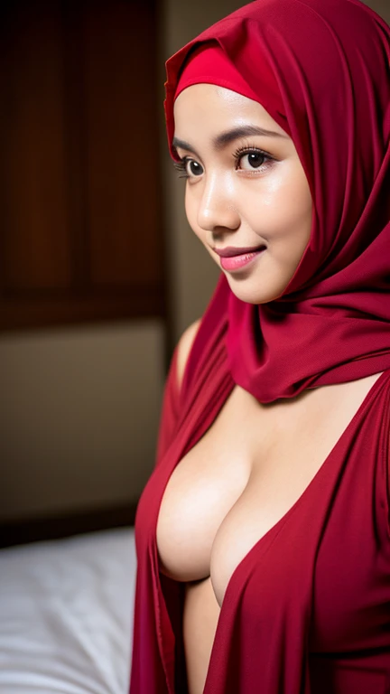 Photo portrait of a beautiful Bandung girl wearing a hijab and dimples, around 20 years old, (plain red hijab), dramatic light, Rembrandt lighting scheme, (hyperrealism:1.2), (8K UHD: 1.2), large breast, random pose, random outfit, tight clothes, cleavage, perfect body shot with Canon EOS 5D Mark IV, skin texture detail, bedroom
