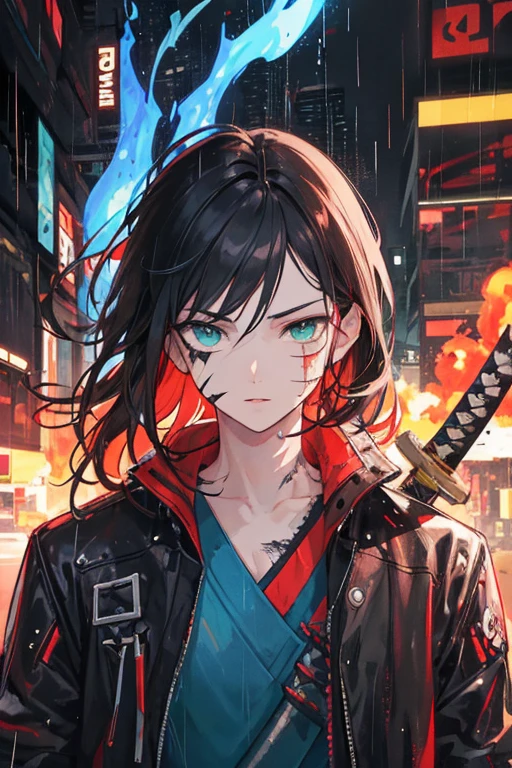 (Raining) (city) (Animated art style) (man with scars) (Cyberpunk) (Dual Swords on fire half blue fire half red fire) (dark green eyes) (Black hair) (green and brown Clothing) (man with scars) (two Katana) (guns) (Realistic) (Detailed face) (Masculine face) (man)