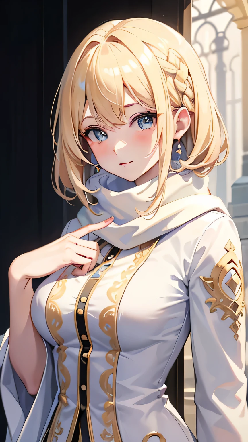 （1woman，Blonde royal sister，masterpiece，8K，bust，best quality，Perfect quality），A modern style，((hands behind back))，(blonde short hair、coloured hair、Heavy winter clothing，White scarf，blue pupils，hands behind back))，The background is a dark castle，oil painting style，Thick coating，thick lines,16k, ultra high definition, retina, masterpiece, precise, anatomically correct, best quality, high quality, textured skin，correct finger，The right palm