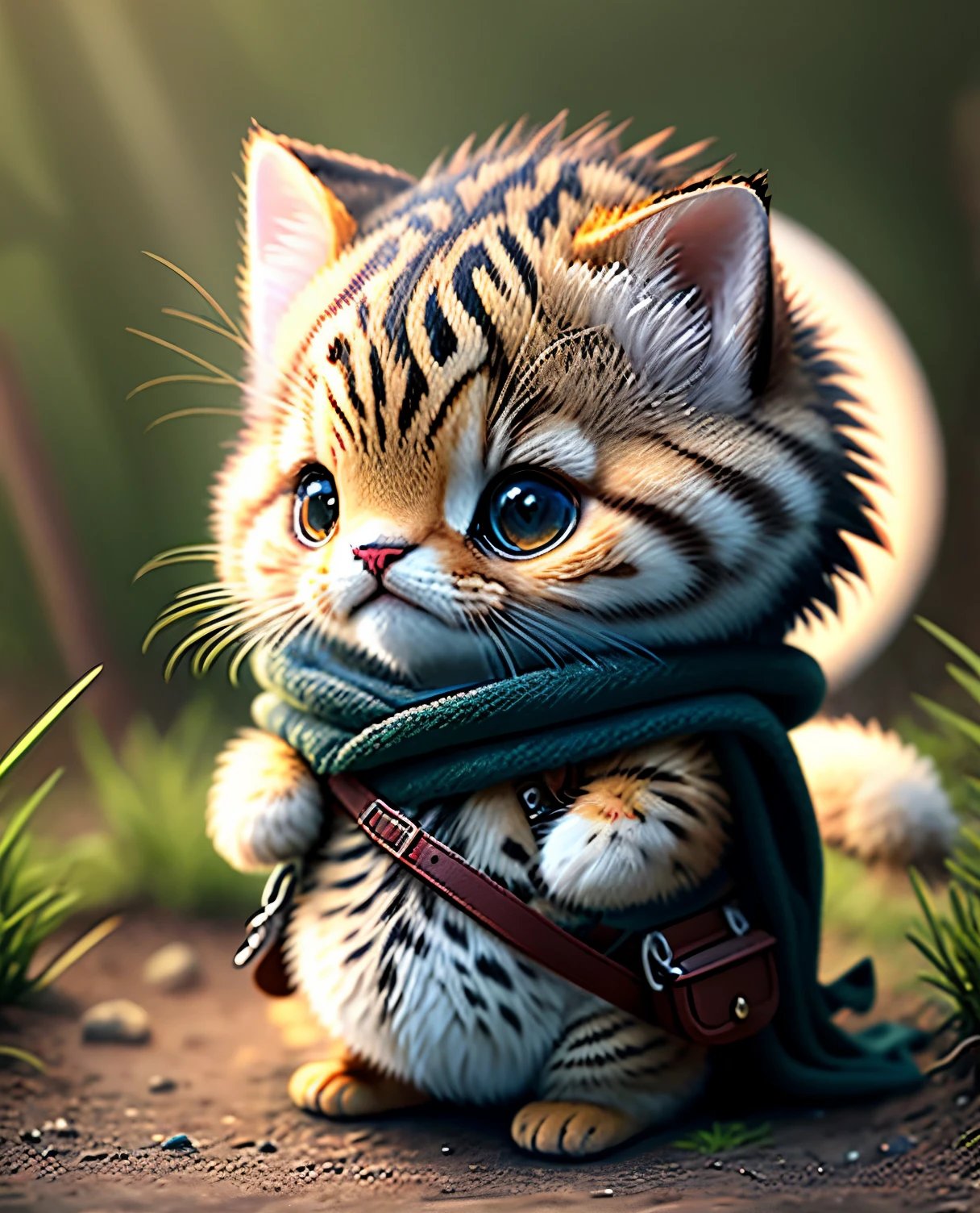 best image quality、"cute生き物の傑作を作成しましょう. One、Black-footed cat character、（The place is a forest）, high detail, In 8K、best image quality、Disguised as an adventurer、With shuriken in hand、medieval adventurer costume、(((cute)))、