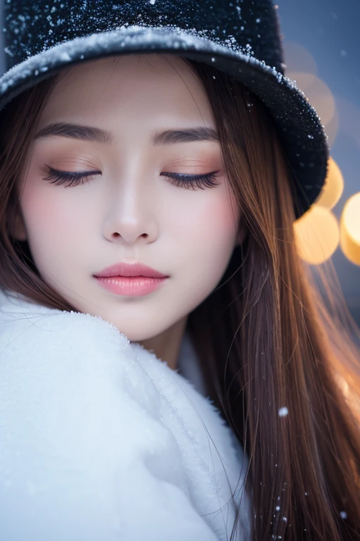 (highest quality、masterpiece、8K、best image quality、hyper realism、Award-winning work)、1 girl、Classy coat、Soft and delicate light、dramatic lighting、Romantic snowy night city、Romantic Christmas illuminations、Beautiful night view of a snowy city、Fine sparkling snow、Beautiful snow reflecting light、Diamond dust、Tyndall effect、beautiful snow scene、(that'that'It's snowing:1.1)、Snow in your hair、accurate 、(eyes completely closed:1.1)、(Fully closed lips:1.2)、Natural and beautiful eyelids、(face facing forwardのスーパークローズアップ:1.1)、(super enlarged photo of face:1.1)、(body facing forward:1.1)、(face facing forward:1.1)、Beautiful glossy lipstick, natural color、perfect makeup、natural long eyelashes、glossy lips、Ultra high definition glossy skin、ultra-high definition radiation, beautiful skin、Milky white moisturized skin、beautiful skin glow、超高精細のglossy lips