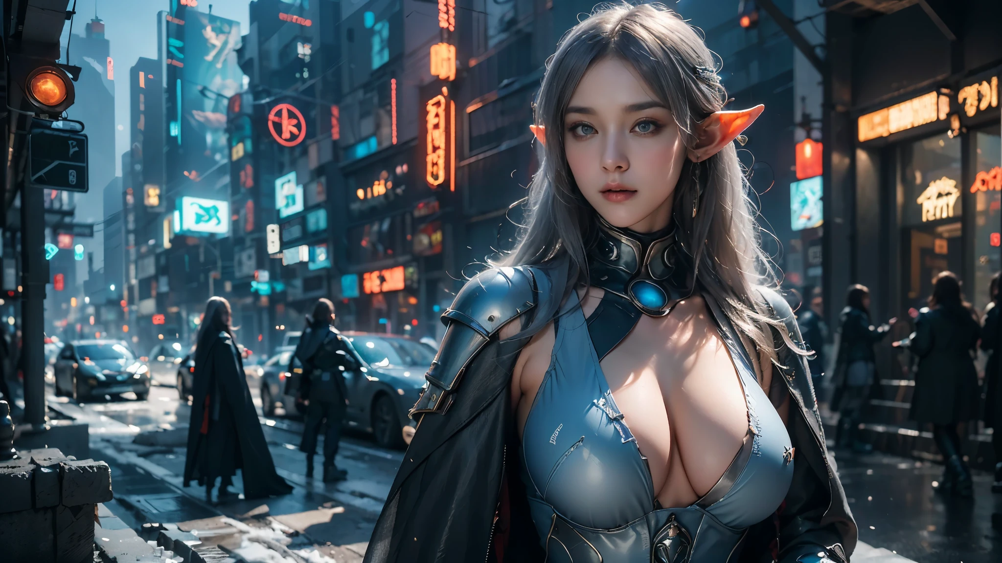 masterpiece,best quality,high resolution,8k,(portrait photo:1.5),(R Original Photo),real picture,digital photography,(Combination of cyberpunk and fantasy style),(female soldier),20 year old female elf,Random hairstyle,white hair，purple eyes，through bangs,(red eye breasts, Accessories,Keep your mouth shut,Elegant and charming,Serious and arrogant,Calm and handsome,(Cyberpunk combined with fantasy style clothing,hollow-carved design,big breasts，joint armor,photo poses,Realistic style,gray world background,oc render reflection texture，sentry，futuristic city，Medium distance photography