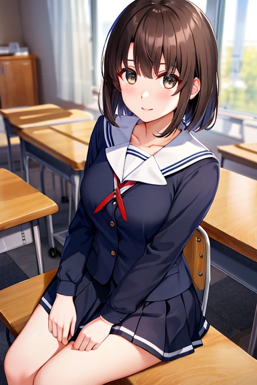 masterpiece, highest quality, High resolution, hmhy1, short hair, blue shirt, , pleated skirt, long sleeve, clavicle, serafuku, medium breasts, cowboy shot, indoors, classroom, sitting, machine, Chair,