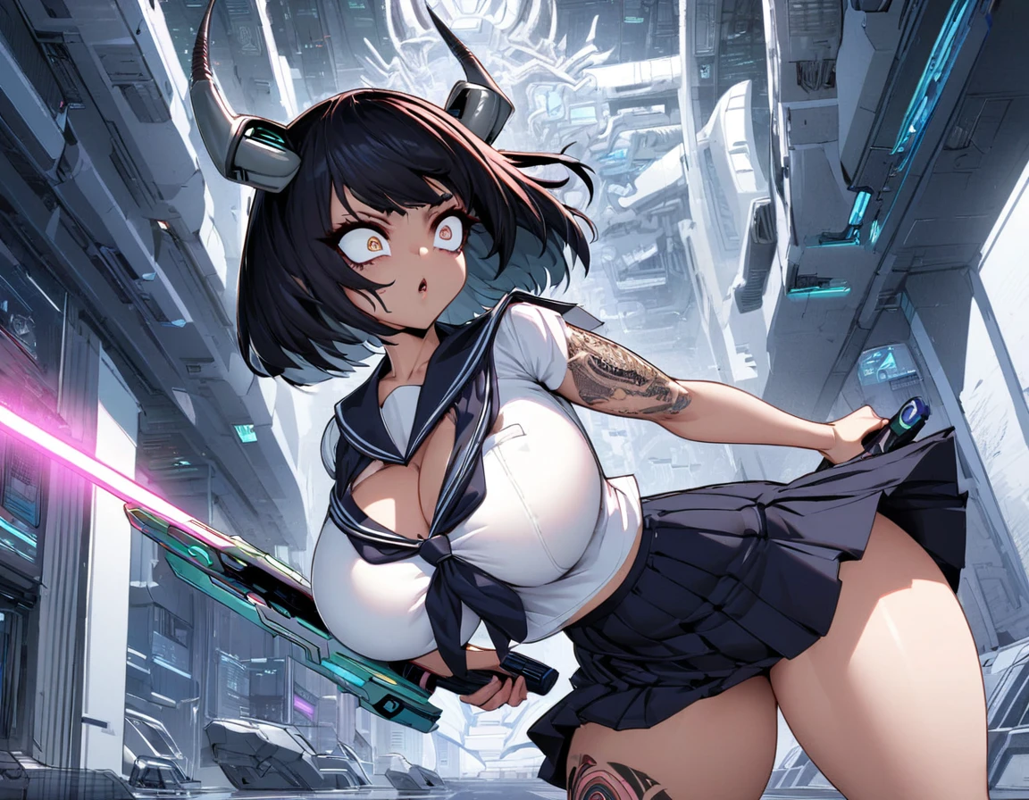 (Black and white Anime Line Art)(Line Art) (extreme complexity, two subjects unique and individual) (subject 1:A sexy Sith Warlord (alien, big breasts, no hair many small horns instead, demon eyes, many fierce and evil tattoos, small fighting costume, looks unhinged, wielding a evil light saber)) is challenging a (subject 2: Japanese Jedi woman (big butt, small breasts, sailor school outfit with scifi gadgets, short hair, big eyes, calm and composed, masterfully wielding her light saber)), set in a sci-fi high technology building