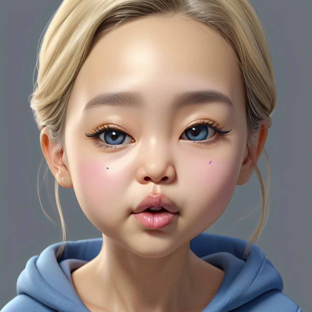 (((Air kiss, (((closed eyes))), narrowed cheeks, dimples))), ((big chibi head)), portrait, (wide open mouth), blue hoodie, [wrinkles near the nose:0.5], (simple gray background), baby girl, ([Nordic:Icelandic:0.5]), Hourglass body, perfect Olive skin, big Oval Face, Long neck, Rounded shoulders, slim fitness arms, Attached Pointed ears, Short blonde Beach Waves pixie haircut Parting centre hair, snub nose, High Round Narrow cheekbones, Dimpled Cheeks, Rounded Chin, Nude Makeup Look, long eyelashes, third breast size, 8k, vray, IMax, hyperrealism, perfect light, bokeh Carl Zeiss 85mm, small depth of field, photorealistic, masterpiece, high resolution, best quality, cinematic shot, ultra-detailed, super realistic, Hyperrealistic art, high-quality, ultra high res, highest detailed, lot of details, Extremely high-resolution details, photographic, realism pushed to extreme, incredibly lifelike, atmospheric perspective (focus on face), realistic skin, soft light, detailed skin, colourful, soft cinematic light, (perfect skin), realistic skin texture, [wrinkles near the eyes:0.5]