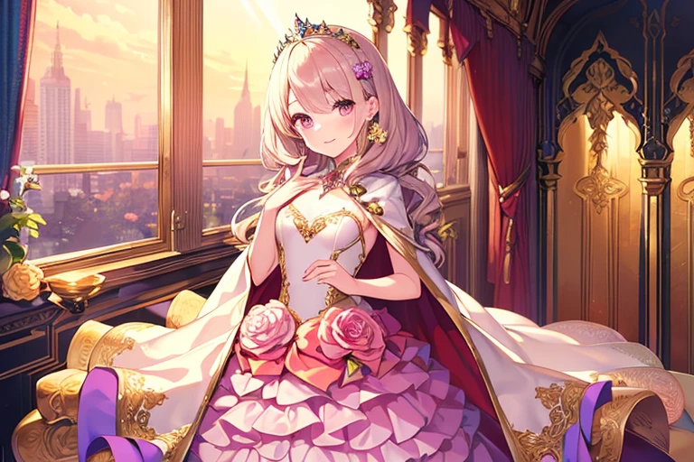 (kawaii),(best quality),(ultra detailed),(rococo style),(long train pastel pink cape:1.15), very long cape,(long train white ball gown with flower decorations:1.1), a girl is wearing a cape over her gown, 1 little princess, tiara, smile, very long hair, small , beautiful detailed eyes, beautiful detailed lips