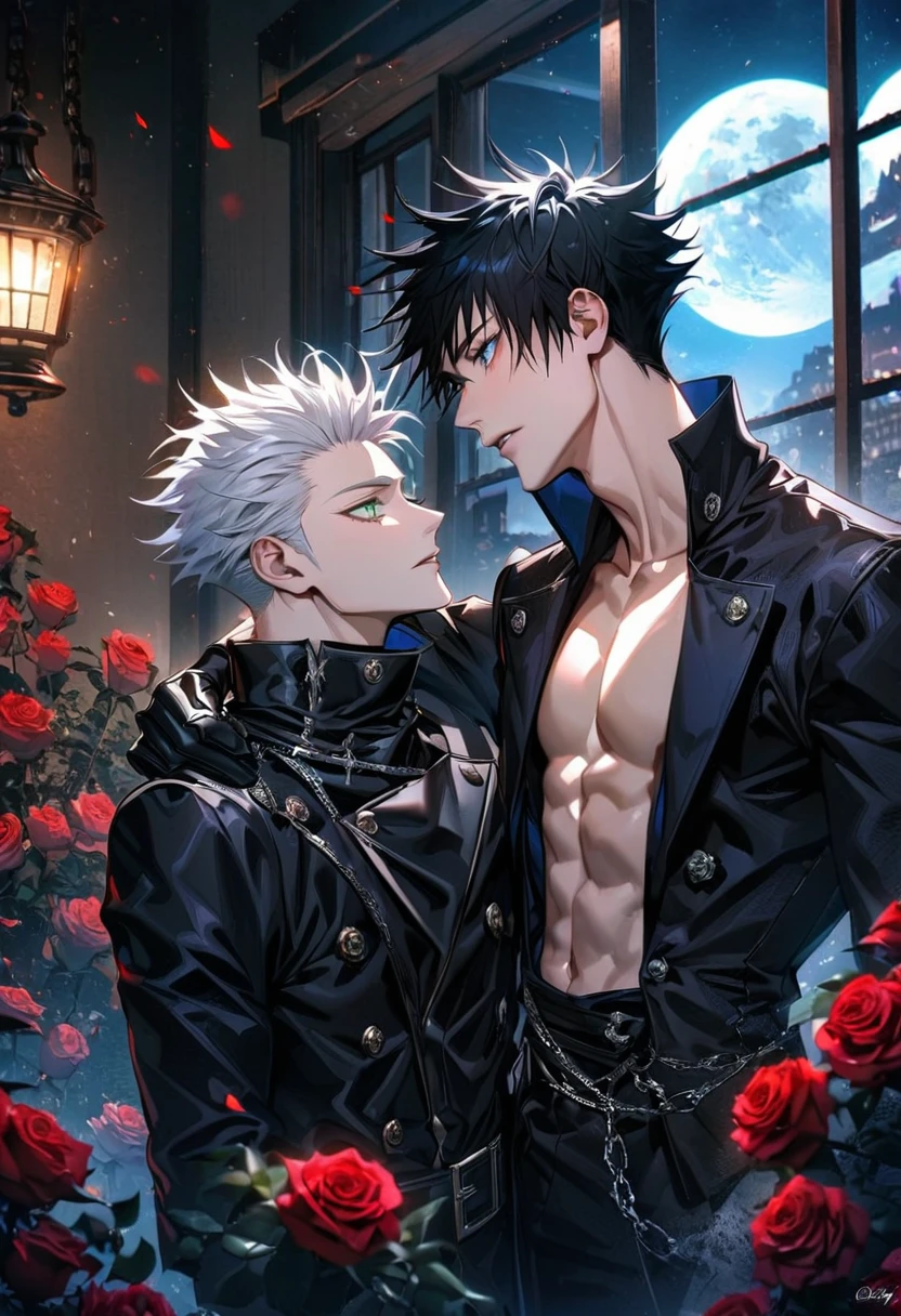 Ultra detailed, Highres, absurdres, HDR, white hair with bangs, Gojou Satoru, blue eyes, black gloves, Fushiguro Megumi, black hair, green eyes, black long coat,  chest, prince cool clothes, 2 man together, gay couple, moon, window, roses, handsome, jujutsu kaisen, chains