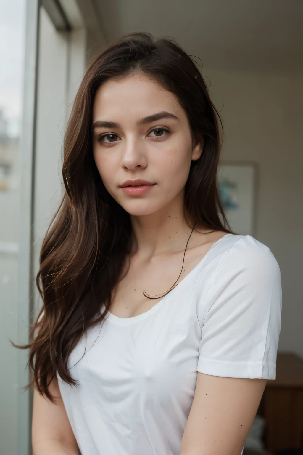 jovem mulher, 20 anos, 1,60 de altura, cabelo liso e castanho com franja, hazel brown eyes, queixo fino, nariz pequeno e empinado, pink lips, 57kg . seaart-cli --input imagem_original.png --output imagem_processada.png --quality high --realism high --details high
