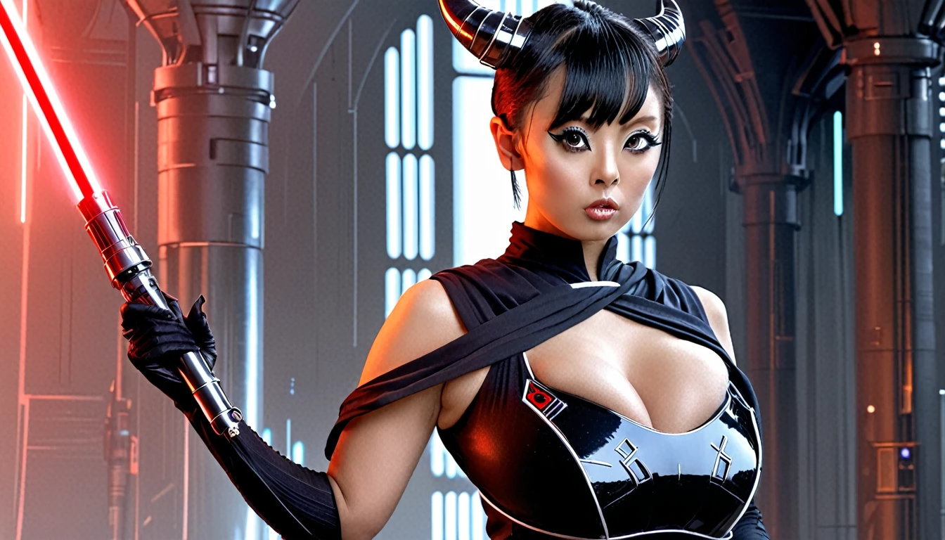 (Black and white Anime Line Art)(Line Art) (extreme complexity, two subjects unique and individual) (subject 1:A sexy Sith Warlord (alien, big breasts, no hair many small horns instead, demon eyes, many fierce and evil tattoos, small fighting costume, looks unhinged, wielding a evil light saber)) is challenging a (subject 2: Japanese Jedi woman (big butt, small breasts, sailor school outfit with scifi gadgets, short hair, big eyes, calm and composed, masterfully wielding her light saber)), set in a sci-fi high technology building
