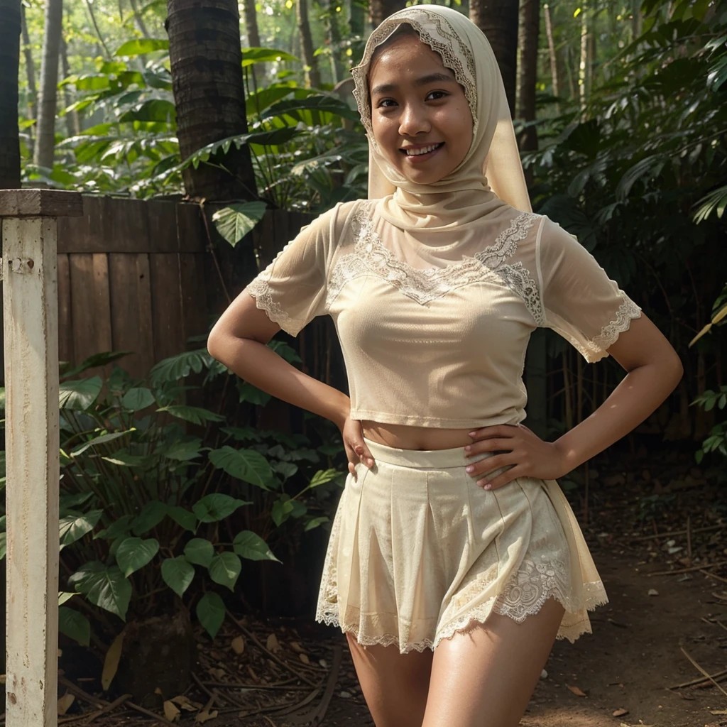 A  Indonesian woman in cream color hijab, wearing cream color lace tight t-shirt, wearing very short see-through cream color lace skirt, skirtlift, villager, poor woman, darker skin, curvier body, short body, smiling and standing in a dark forest, look to the viewer with eye close