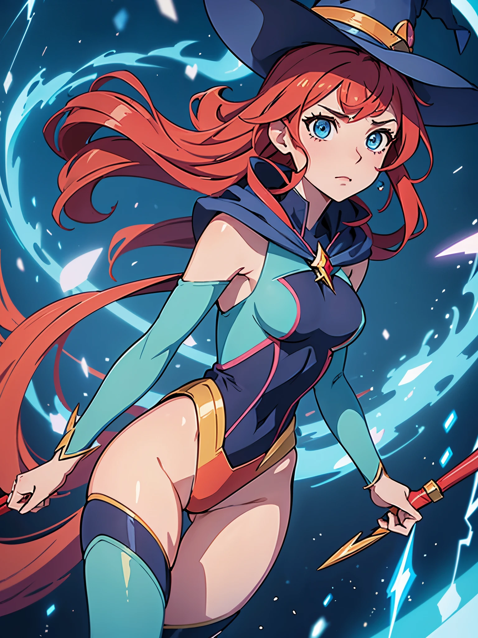 a cartoon of a woman dressed in a superhero costume holding a wand, witch academia, superhero sorceress witch, glamorous angewoman digimon, sky witch, by Aguri Uchida, maya ali as a lightning mage, leotard, blue leotard with white accent, witch hat, red hair, long hair, blue eyes, beautiful detailed eyes, beautiful detailed face, cute face, medium breasts, age 16-18, solo, solo focus, wonder, concept art!!