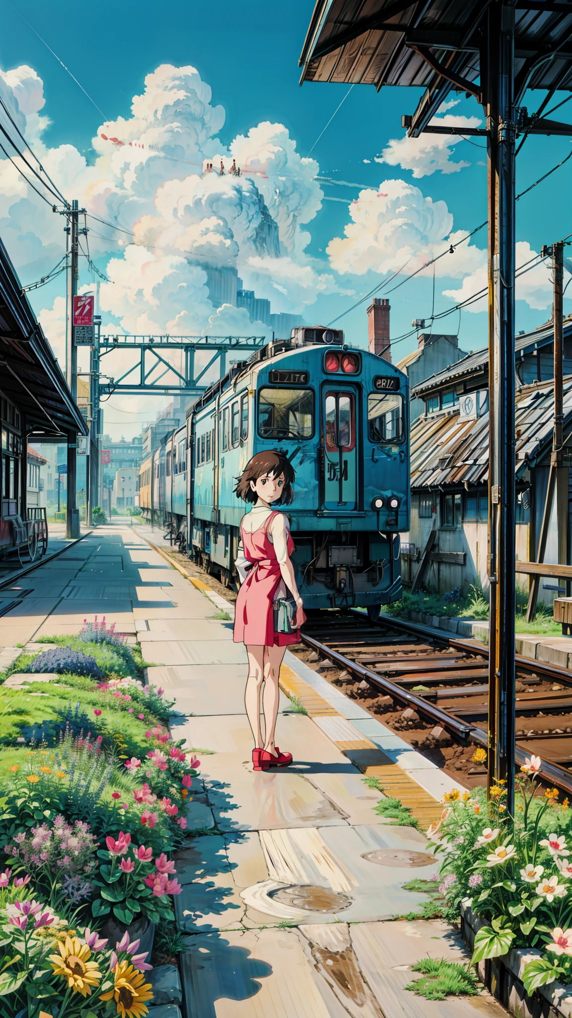 Painting of a woman standing on a train platform next to a train, makoto shinkai art style, anime. by makoto shinkai, style of makoto shinkai, hd anime cityscape, studio glibly makoto shinkai, anime movie background, anime scenery, colorful anime movie background, anime landscape, cgsociety 9, anime background art, beautiful anime art style, 4k hd,, beautiful art uhd 4 k, a beautiful artwork illustration, beautiful digital painting, highly detailed digital painting, beautiful digital artwork, detailed painting 4 k, very detailed digital painting, rich picturesque colors, gorgeous digital painting