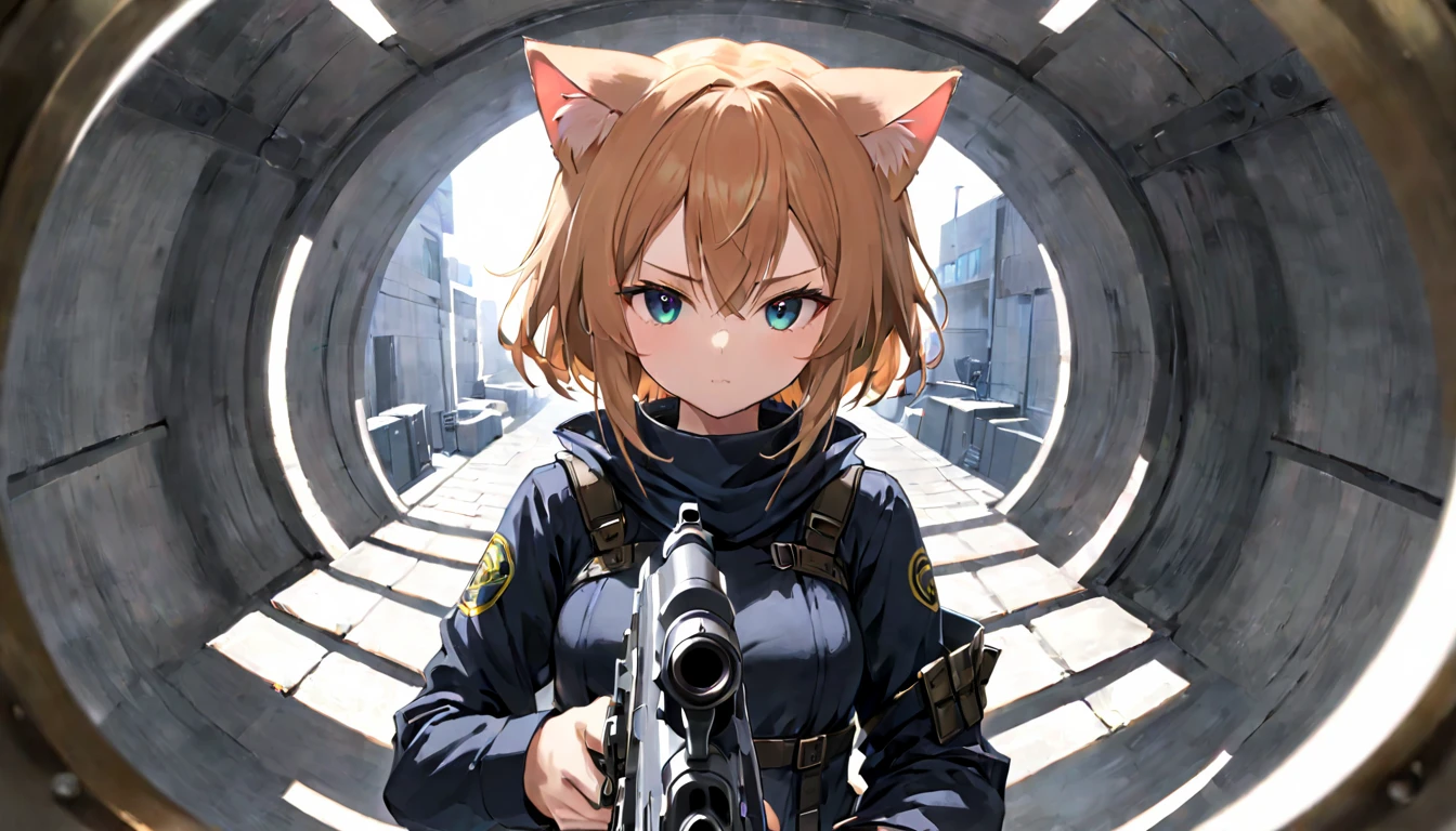 Cat ear、girl、He has a gun pointed at me、Composition with the gun barrel visible from the front