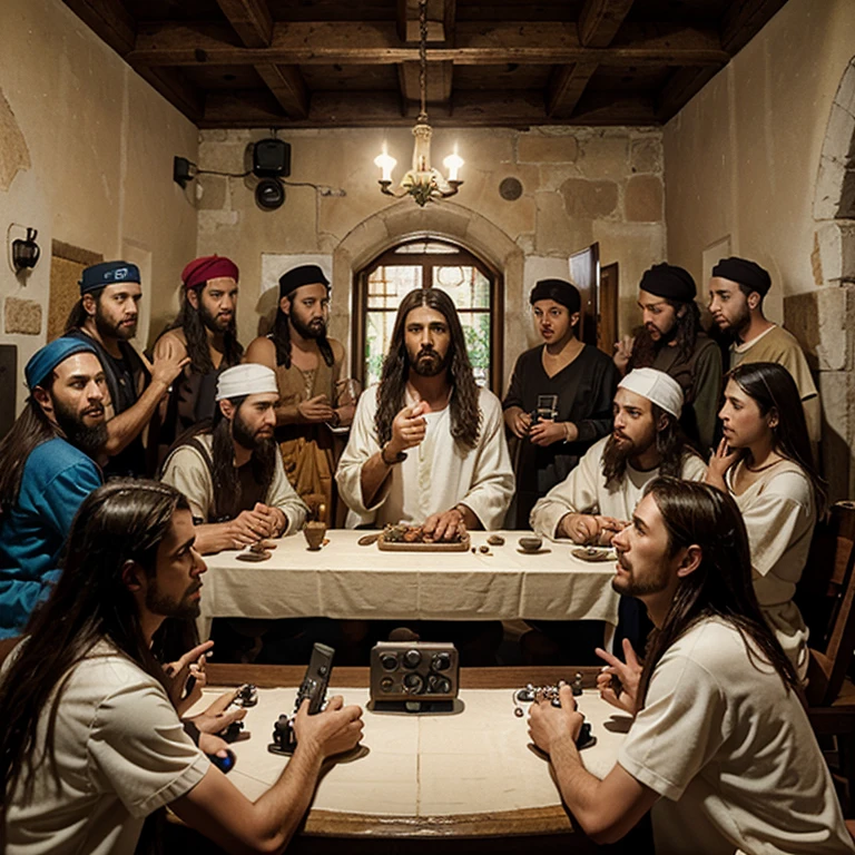 Last supper with Jesus and his 12 disciples, but with video game controllers on the table