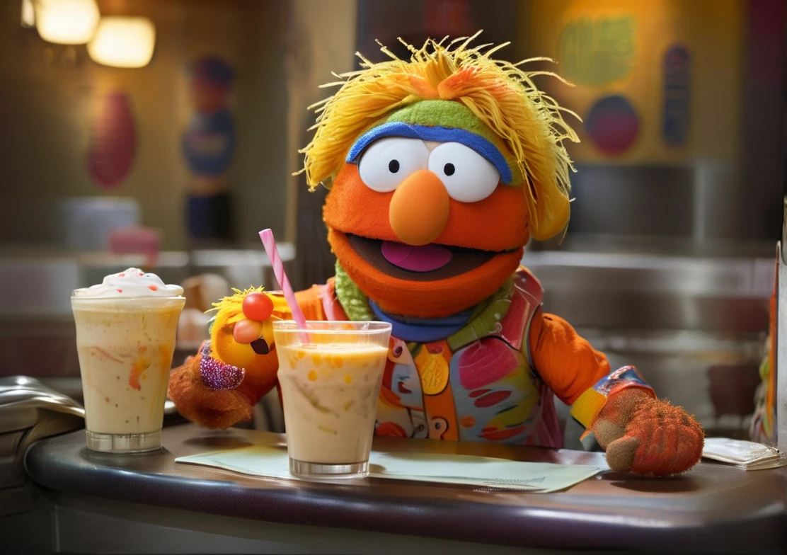 Kenny McCormick holding Kumquat Milkshake on IHOP, Style of South Park and The Muppet Show 