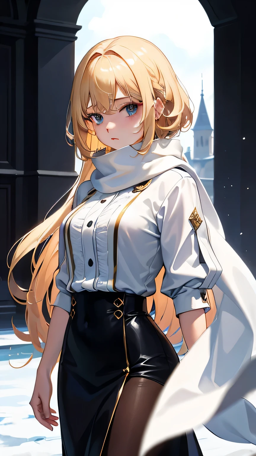 （1woman，Blonde royal sister，masterpiece，8K，bust，best quality，Perfect quality），A modern style，((hands behind back))，(blonde short hair、coloured hair、Heavy winter clothing，White scarf，blue pupils，hands behind back))，The background is a dark castle，oil painting style，Thick coating，thick lines,16k, ultra high definition, retina, masterpiece, precise, anatomically correct, best quality, high quality, textured skin，correct finger，The right palm