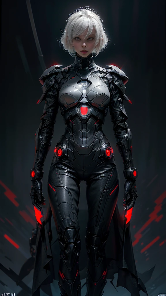A digital illustration of a futuristic white mecha, (futuristic high-tech style),short hair ,bob hairstyle, white hair, (full body length), (super cuteness), (super beautiful face), 32k UHD, C4D style, octane render, sharp focus, complex details, perfect details, highest resolution, Show shoes, 1 girl, solo, RAW, photo realistic, CG game artstyle, wearing futuristic armor and helmet, The background is a dark grey with neon red accents, creating an eerie atmosphere, The art style is inspired in the style of GG game artstyle, with a high contrast between light and shadow and futuristic elements. It is a digital art piece with a dark fantasy theme, vibrant colors, and sharp details.