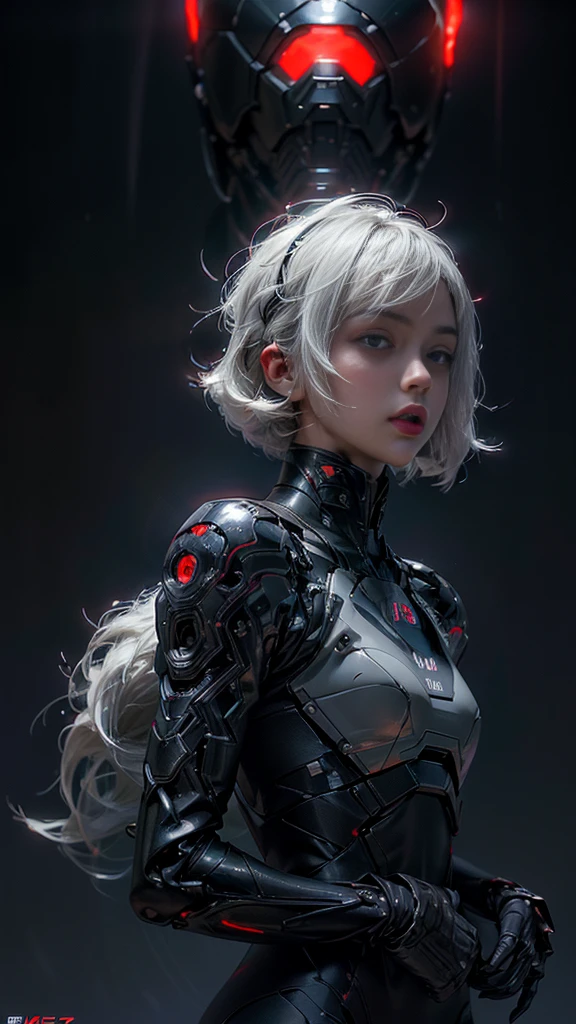 A digital illustration of a futuristic white mecha, (futuristic high-tech style),short hair ,bob hairstyle, white hair, (full body length), (super cuteness), (super beautiful face), 32k UHD, C4D style, octane render, sharp focus, complex details, perfect details, highest resolution, Show shoes, 1 girl, solo, RAW, photo realistic, CG game artstyle, wearing futuristic armor and helmet, The background is a dark grey with neon red accents, creating an eerie atmosphere, The art style is inspired in the style of GG game artstyle, with a high contrast between light and shadow and futuristic elements. It is a digital art piece with a dark fantasy theme, vibrant colors, and sharp details.